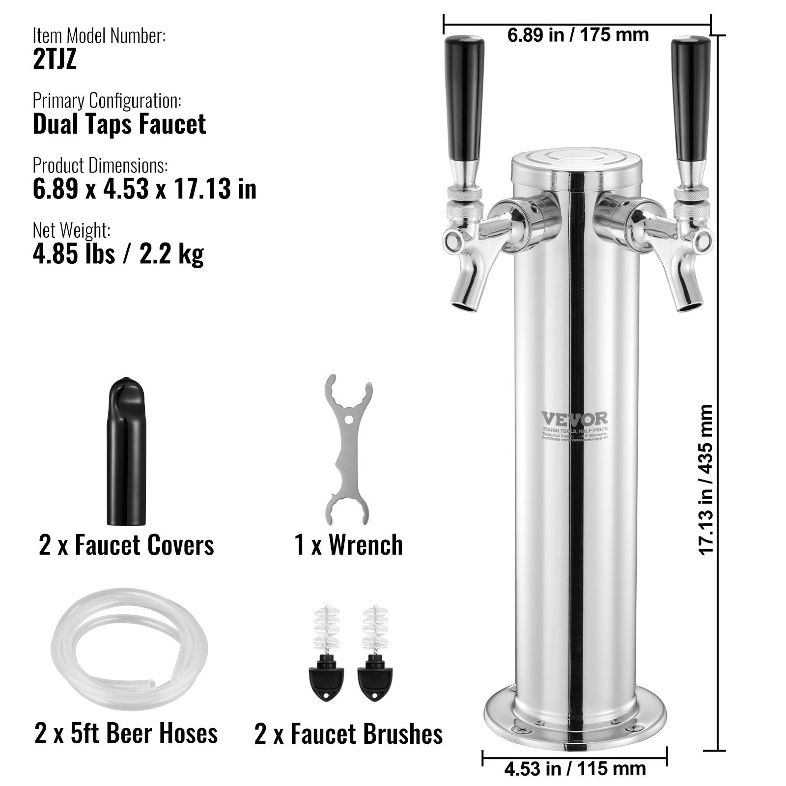 VEVOR Dual Taps Draft Beer Tower Dispenser, Stainless Steel Keg Beer Tower, Kegerator Tower Kit with Pre-Assembled Tubing and Self-Closing Faucet Shanks for Party, Bar, Pub, Restaurant 