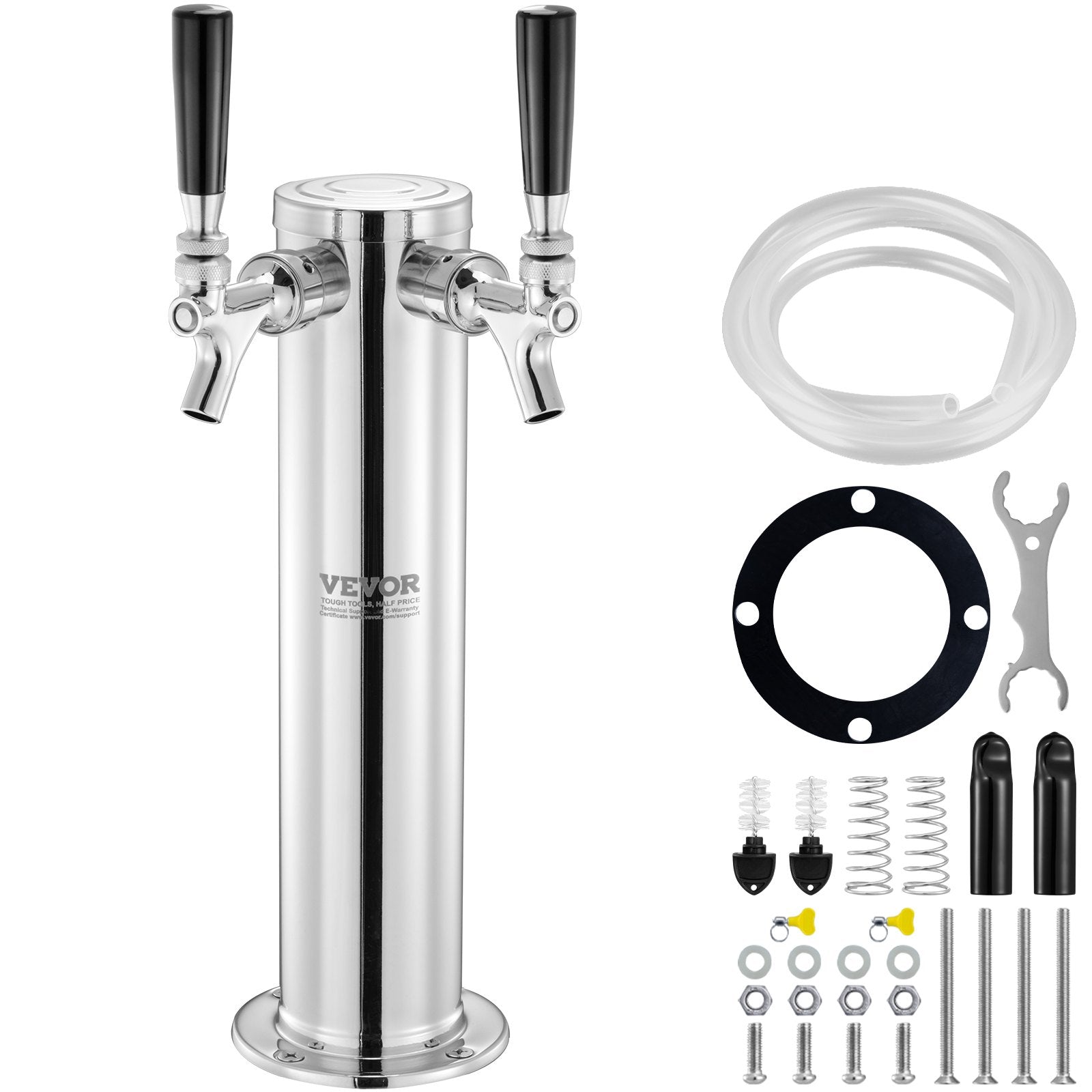 VEVOR Dual Taps Draft Beer Tower Dispenser, Stainless Steel Keg Beer Tower, Kegerator Tower Kit with Pre-Assembled Tubing and Self-Closing Faucet Shanks for Party, Bar, Pub, Restaurant 