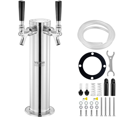 VEVOR Dual Taps Draft Beer Tower Dispenser, Stainless Steel Keg Beer Tower, Kegerator Tower Kit with Pre-Assembled Tubing and Self-Closing Faucet Shanks for Party, Bar, Pub, Restaurant 