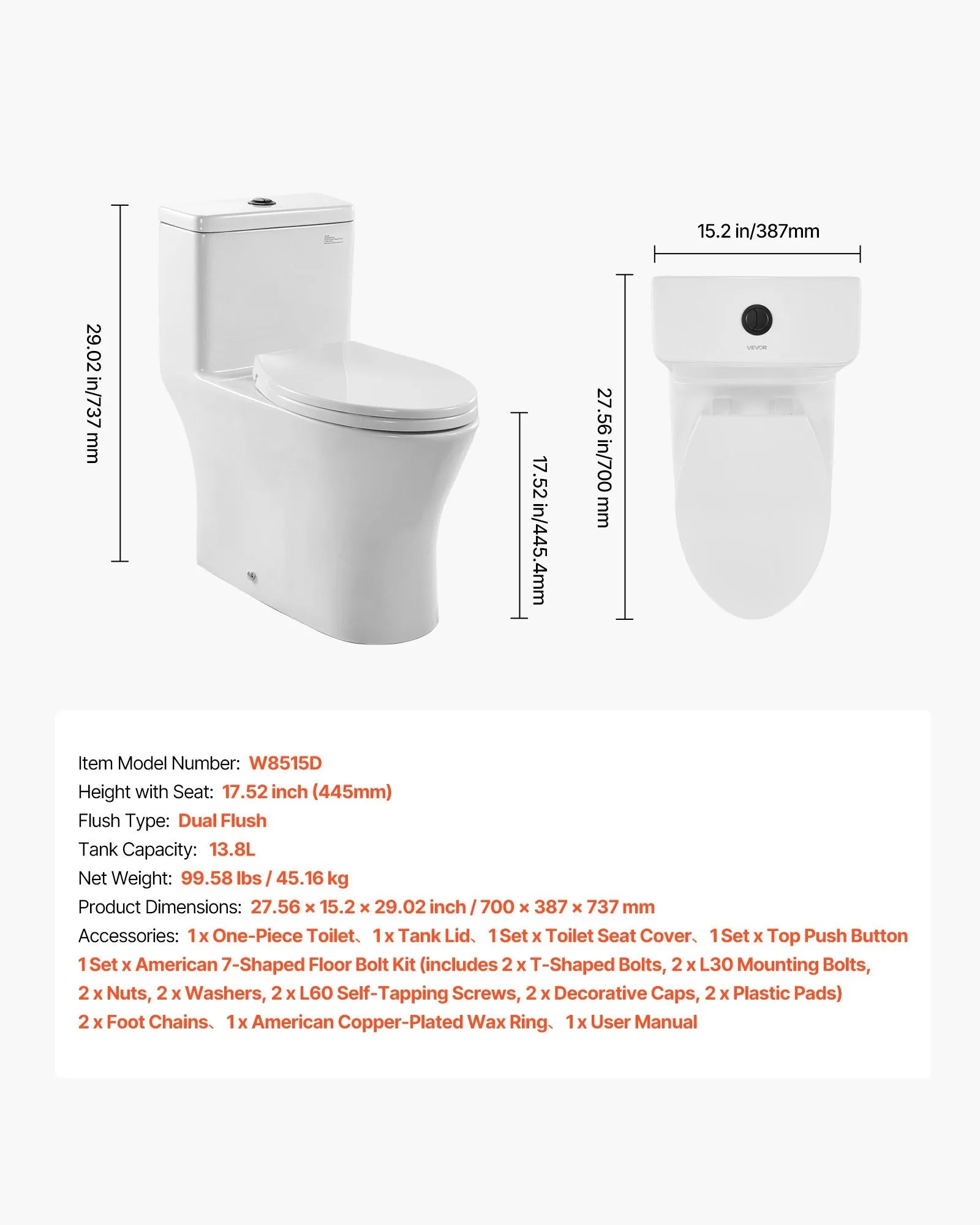 VEVOR One-Piece Toilet, Elongated Toilet Vortex Dual-Flush 1.0/1.28 GPF, Toilets for Bathroom with Comfortable Chair Seat, Standard Height, Easy-Clean Skirted Design, 12 inch Rough-In, White + Black 