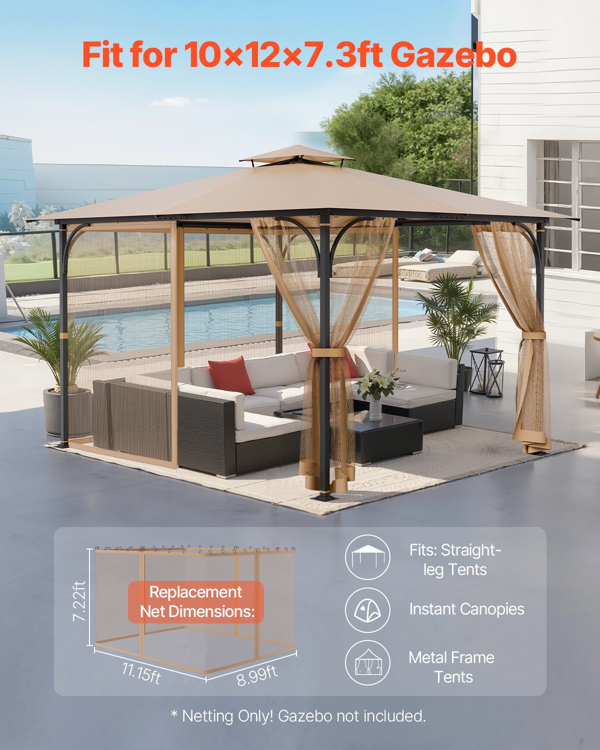 VEVOR Replacement Mesh Gazebo Netting Screen for 10x12x7.3 ft Patio, Net Only 