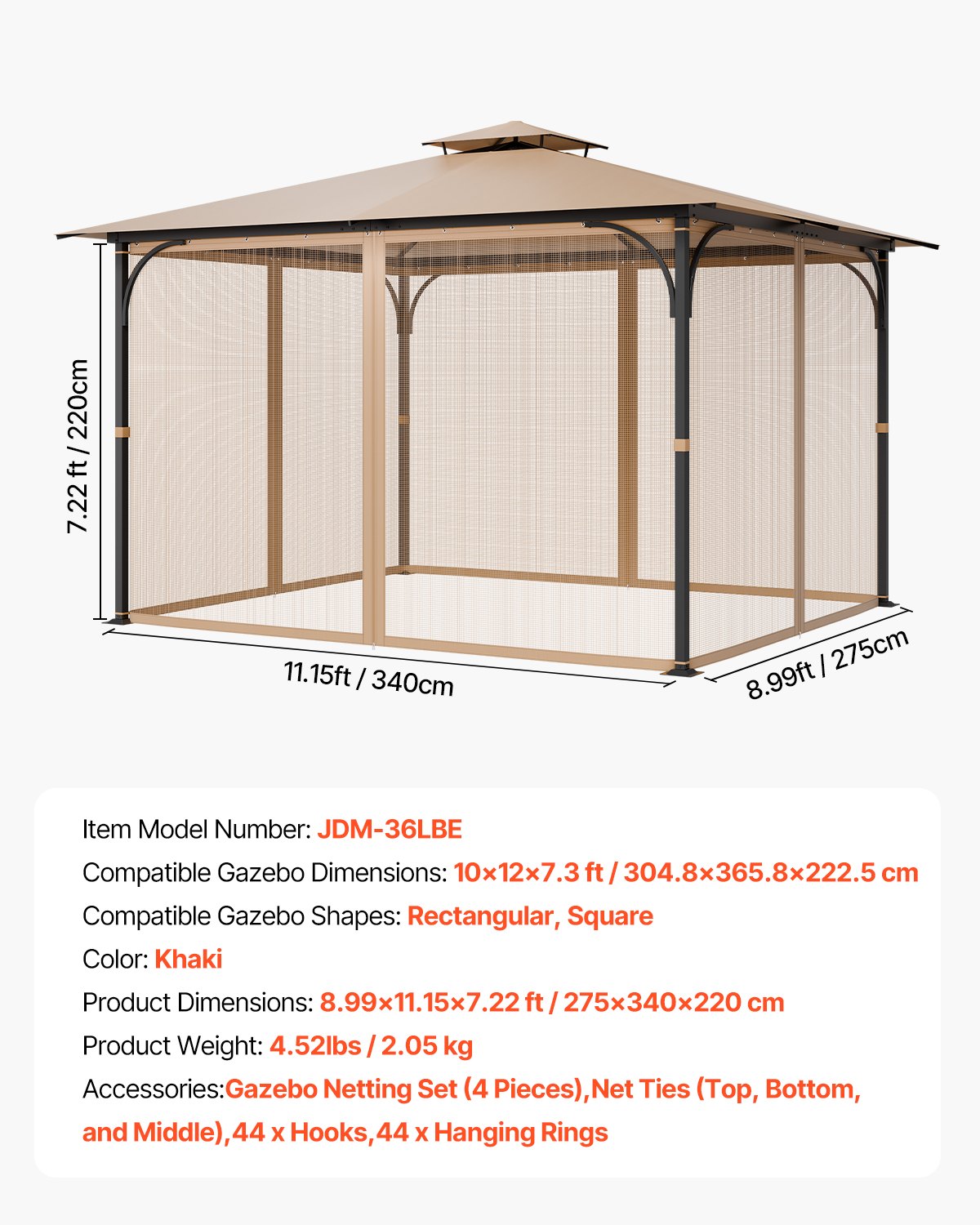 VEVOR Replacement Mesh Gazebo Netting Screen for 10x12x7.3 ft Patio, Net Only 