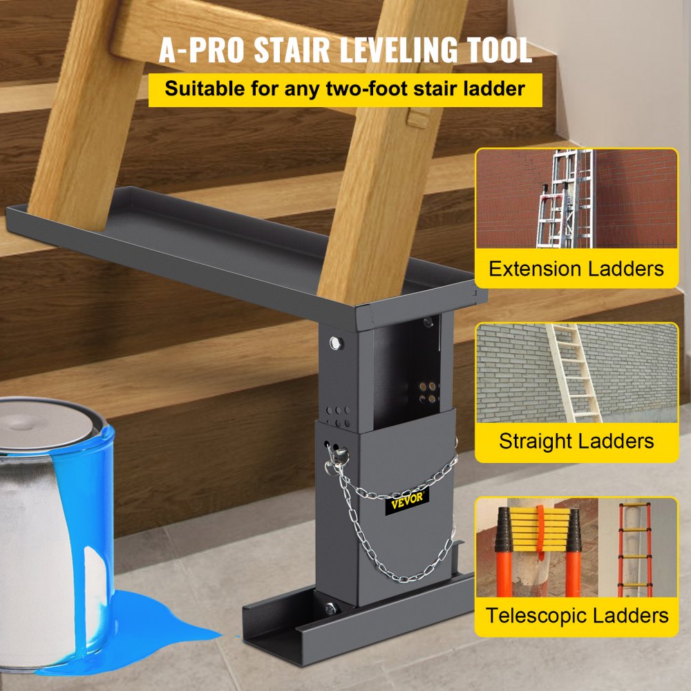 VEVOR 23.4x7.6-Inch Ladder Extender, Extension Ladder 12.25-19.7-Inch Adjustable Height Range, Ladder Leveling Tool, Stair Ladder Extension with Chain Pins in Steel for Stairs, in Black Powder Coated 