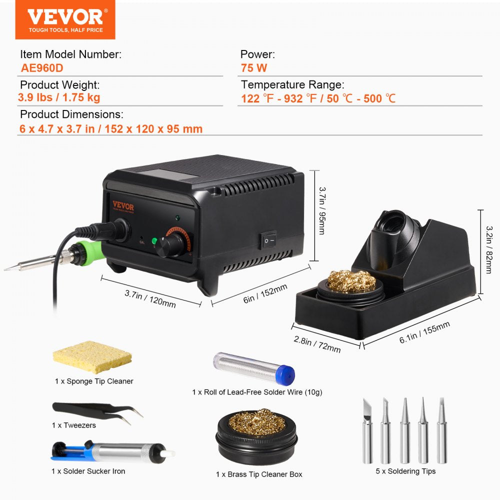 VEVOR Soldering Iron Station 75W LCD Display Soldering Station Kit 122°F-932°F 