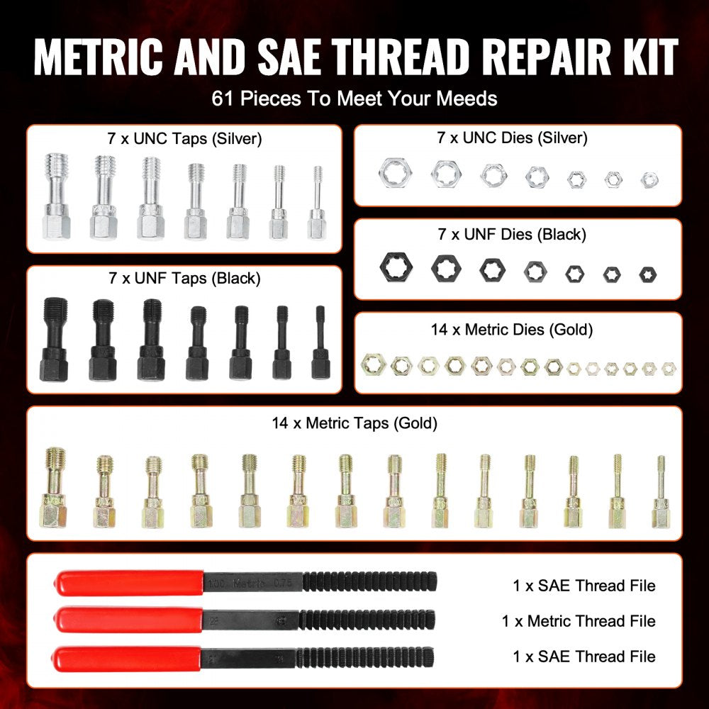 VEVOR 61PCS Thread Chaser Set UNC UNF Metric Thread Restorer Tool Rethreading 