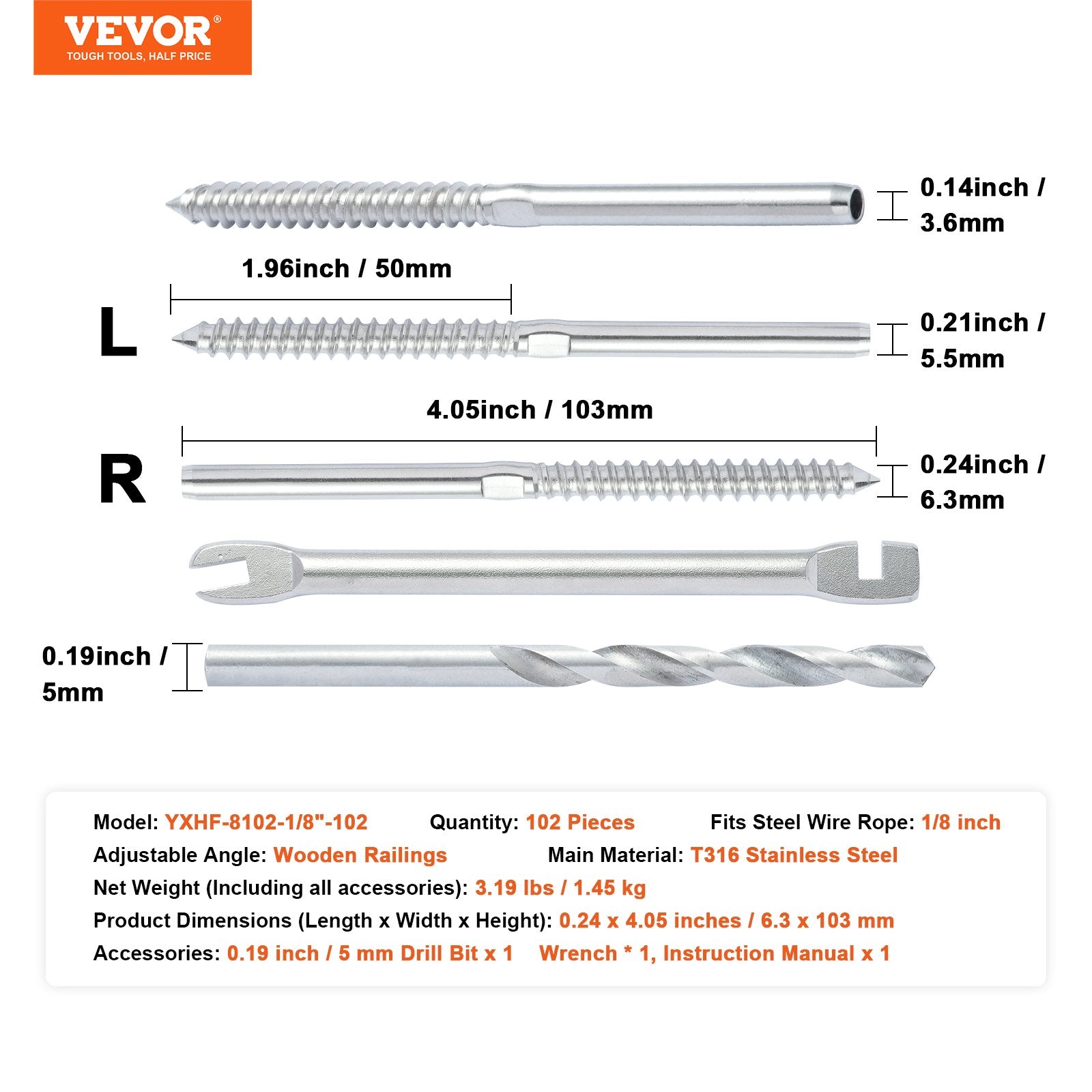 VEVOR 102 Pack Cable Railing Swage Threaded Stud Tension End Fitting Terminal for 1/8" Deck Cable Railing, T316 Stainless Steel, Cable Railing Tensioner 1/8" for Wood/Metal Post, Silver 
