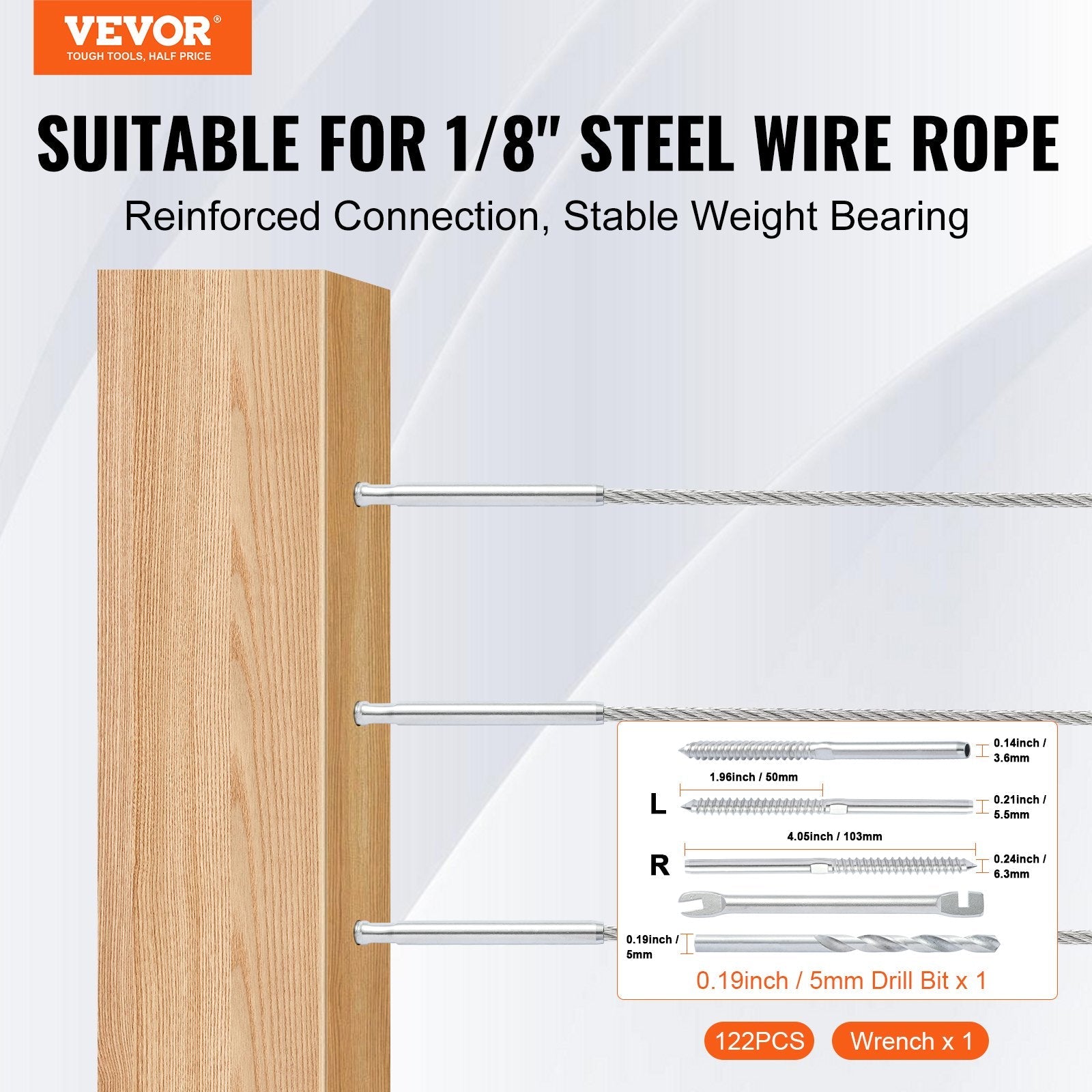 VEVOR 122 Pack Cable Railing Swage Threaded Stud Tension End Fitting Terminal for 1/8" Deck Cable Railing, T316 Stainless Steel, Cable Railing Tensioner 1/8" for Wood/Metal Post, Silver 