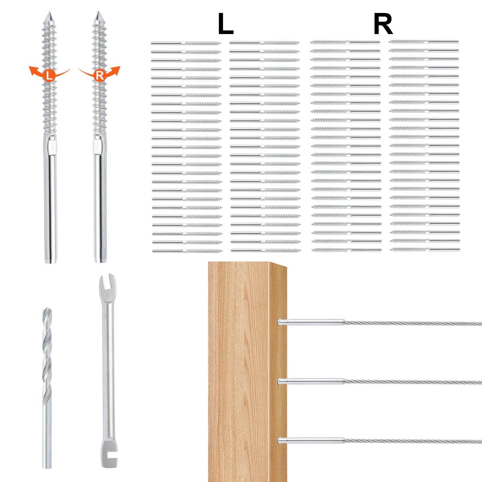 VEVOR 122 Pack Cable Railing Swage Threaded Stud Tension End Fitting Terminal for 1/8" Deck Cable Railing, T316 Stainless Steel, Cable Railing Tensioner 1/8" for Wood/Metal Post, Silver 