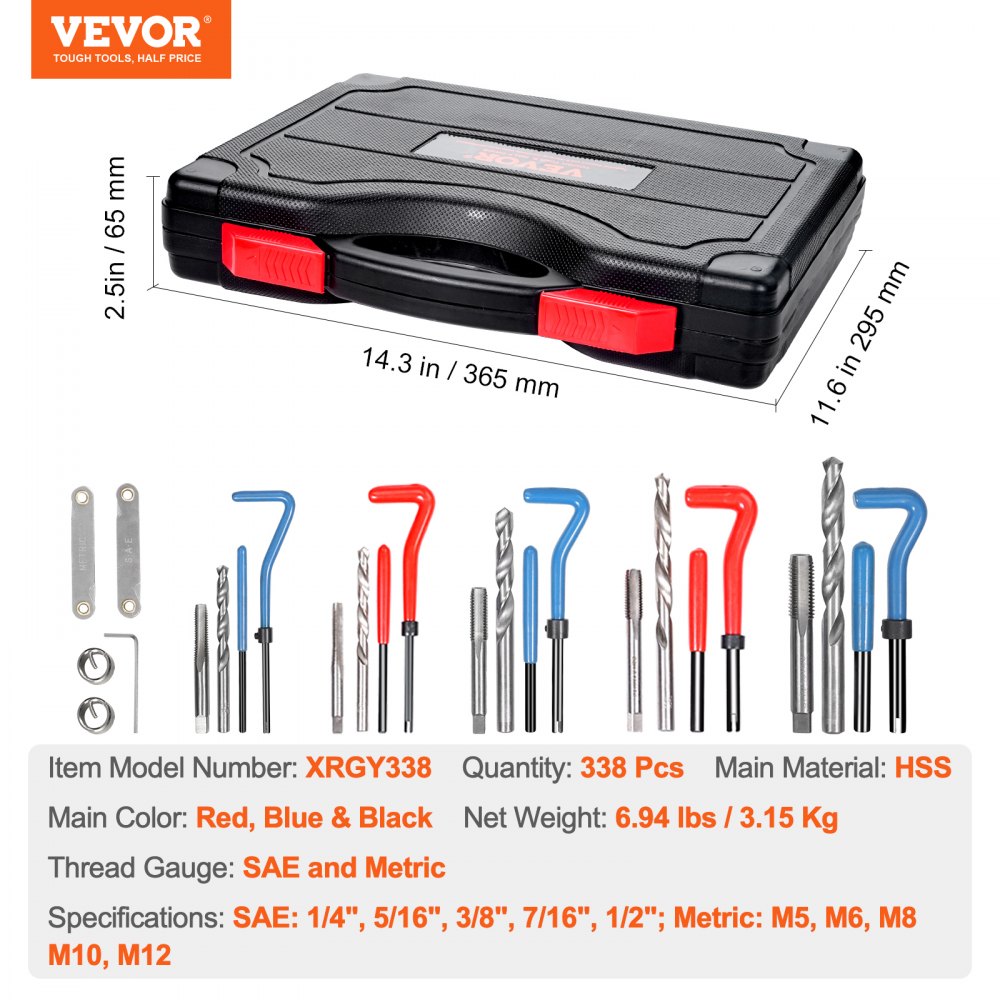 VEVOR Helicoil Thread Repair Kit 338-Piece SAE and Metric Rethreading Tool Kit 