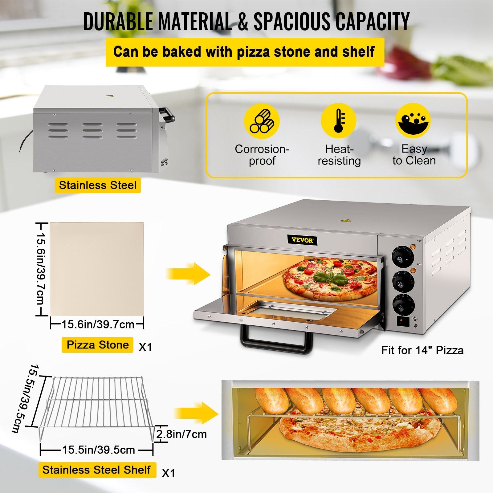 VEVOR Commercial Pizza Oven Countertop, 14" Single Deck Layer, 110V 1300W Stainless Steel Electric Pizza Oven with Stone and Shelf, Multipurpose Indoor Pizza Maker for Restaurant Home Pretzels Baked 