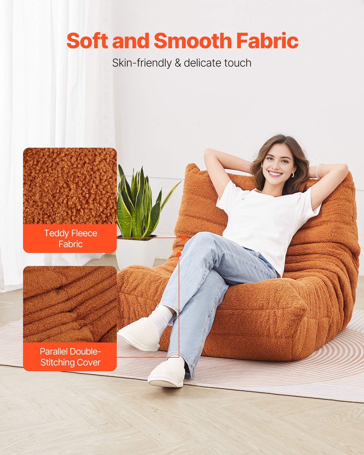 VEVOR L-Shaped Bean Bag Chair with Soft Armrests and Storage Pocket Brown 