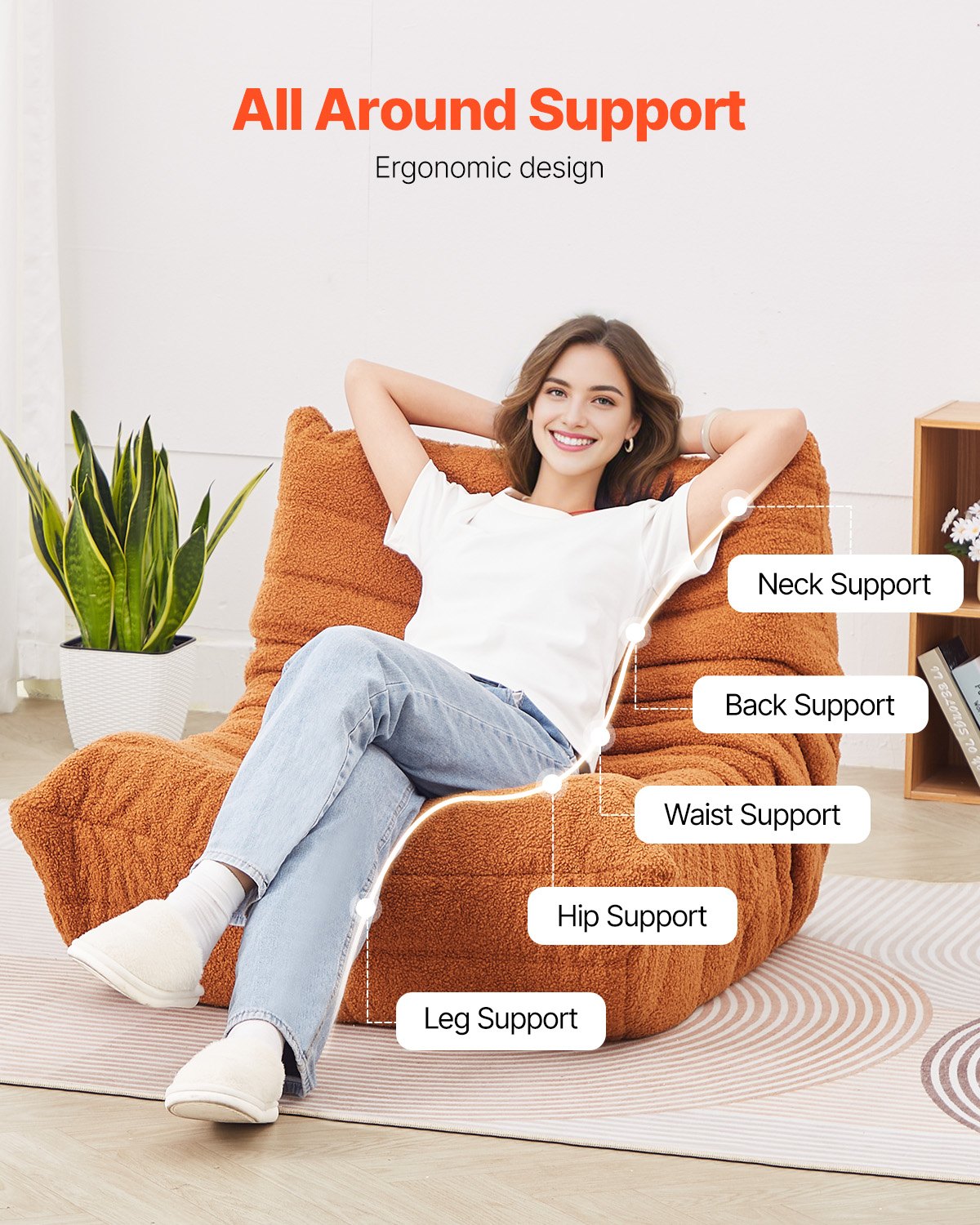 VEVOR L-Shaped Bean Bag Chair with Soft Armrests and Storage Pocket Brown 