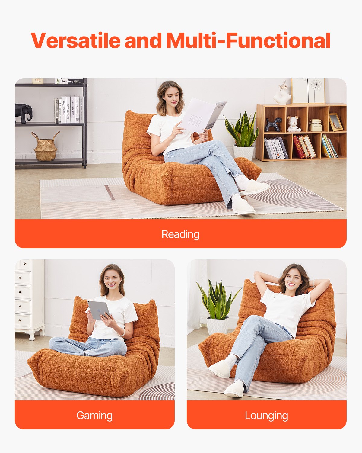 VEVOR L-Shaped Bean Bag Chair with Soft Armrests and Storage Pocket Brown 