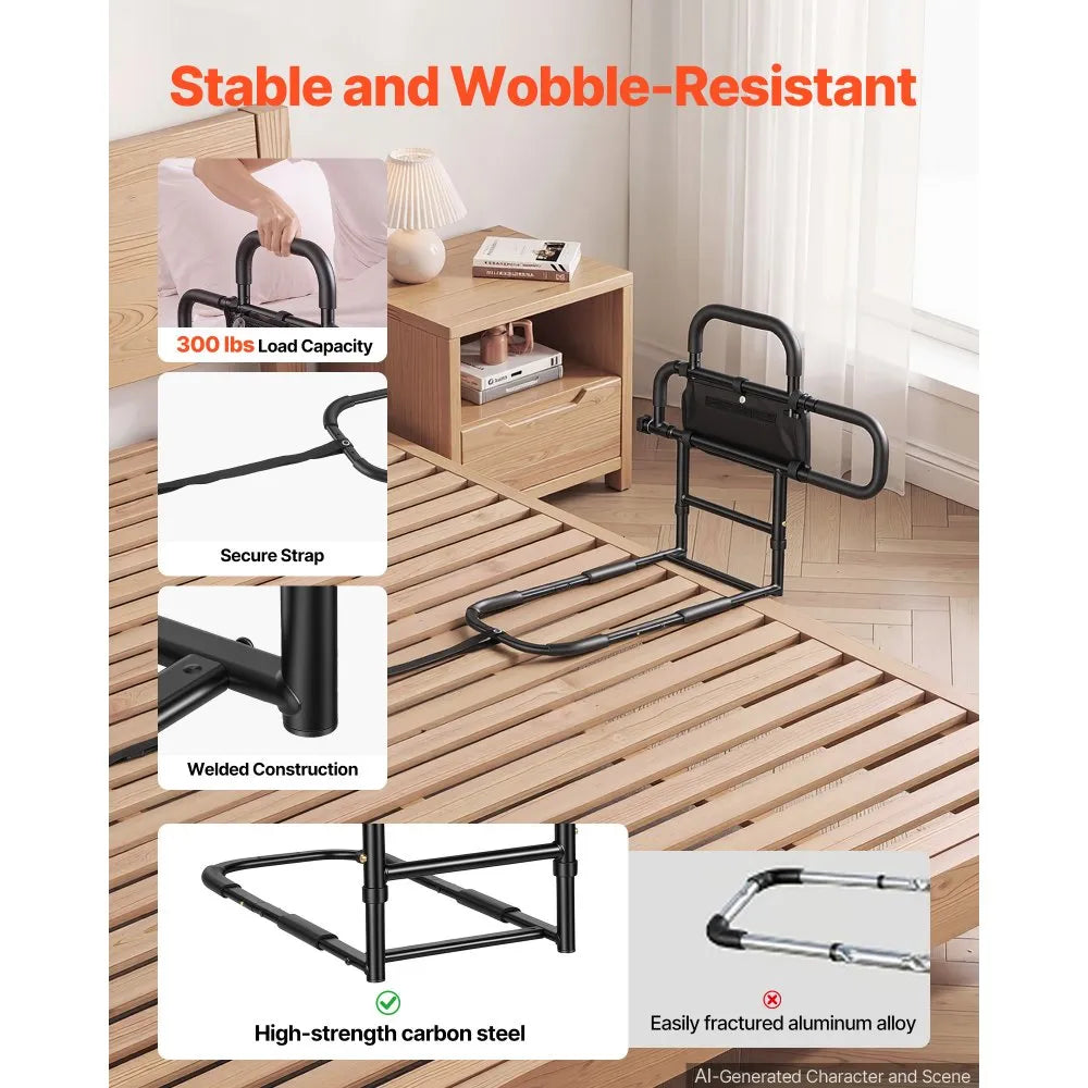 Foldable Bed Rail & Bedside Assist Support Rail for Seniors – Adjustable Dual-Handle, 300 lbs