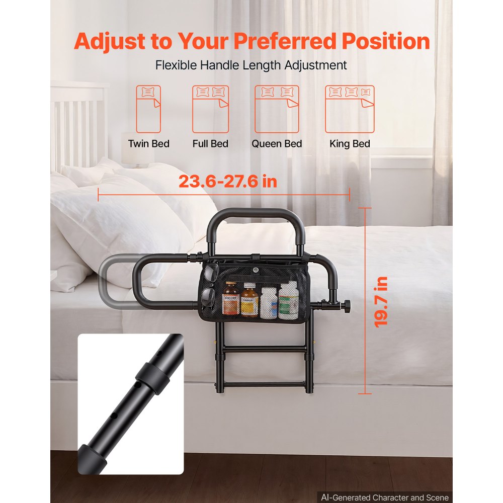 Foldable Bed Rail & Bedside Assist Support Rail for Seniors – Adjustable Dual-Handle, 300 lbs