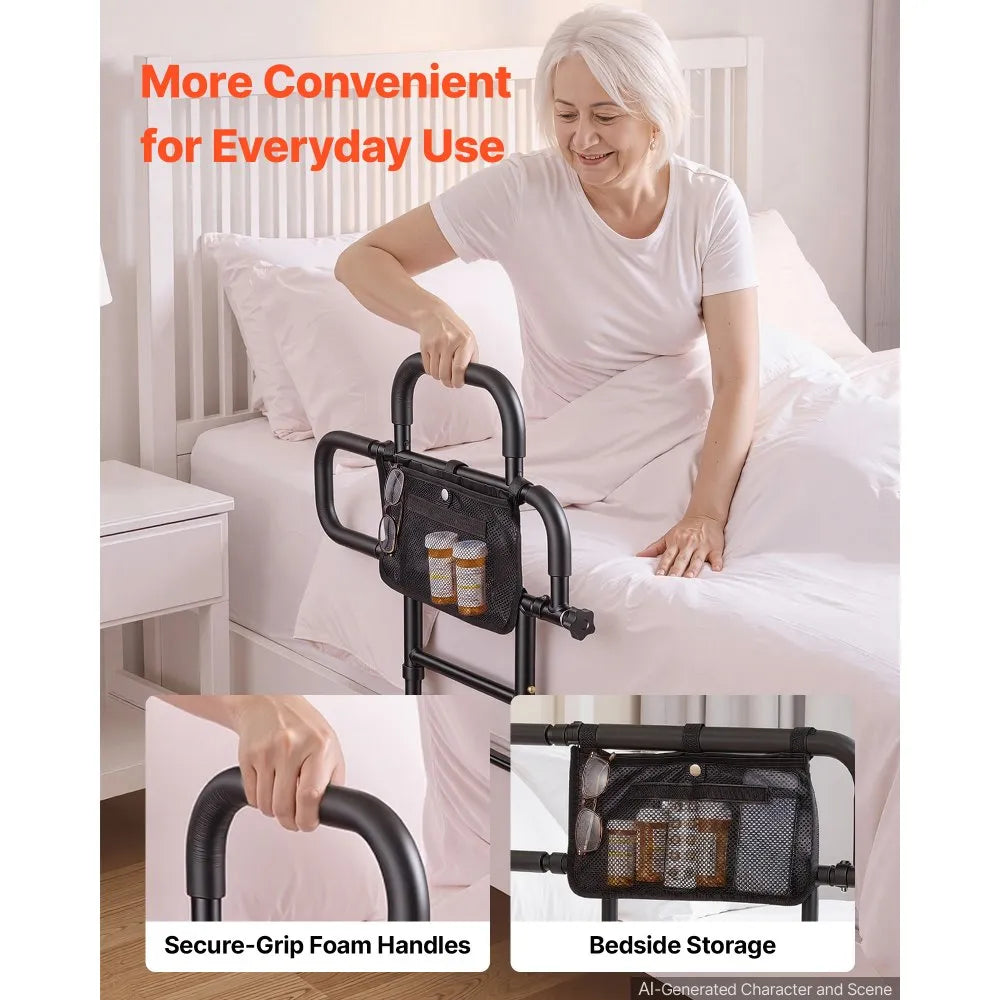 Foldable Bed Rail & Bedside Assist Support Rail for Seniors – Adjustable Dual-Handle, 300 lbs