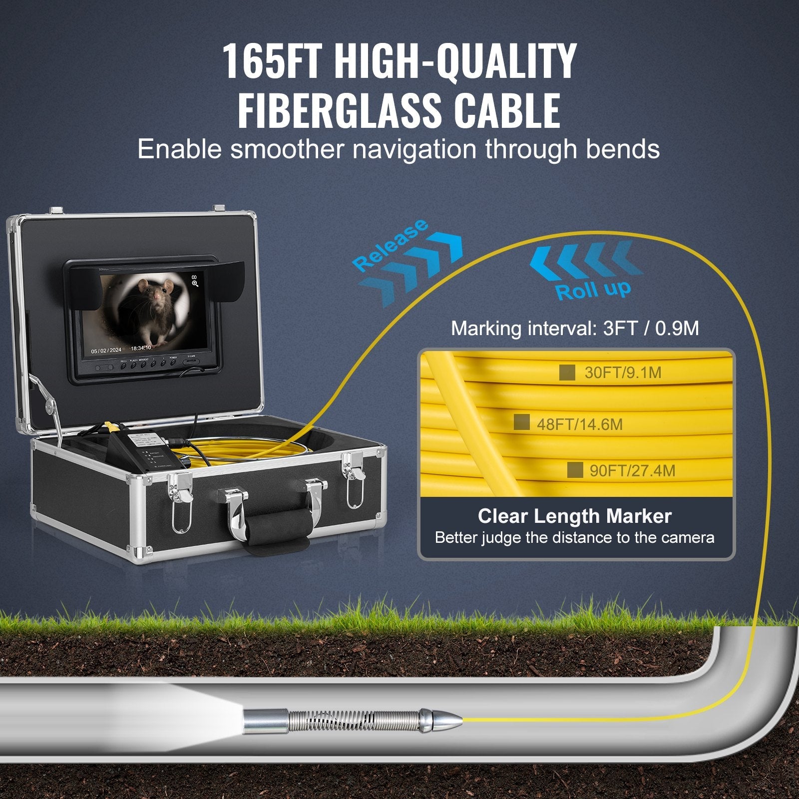 VEVOR Sewer Camera 165 ft Self-Leveling Duct Camera with 512Hz Locator 36X Zoom 
