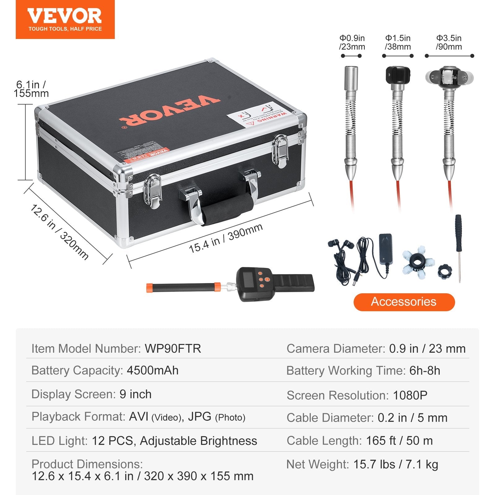 VEVOR Sewer Camera 165 ft Self-Leveling Duct Camera with 512Hz Locator 36X Zoom 