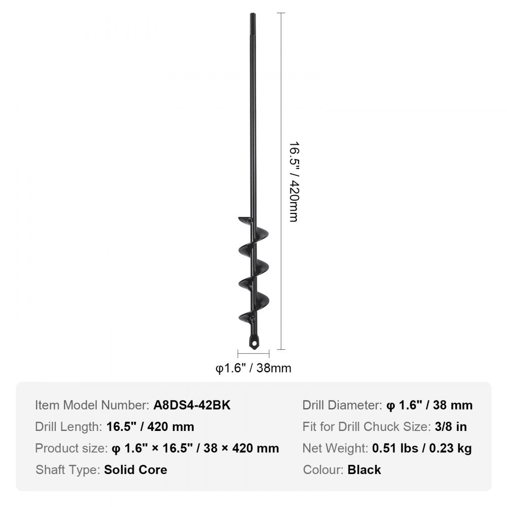 VEVOR Auger Drill Bit for Planting, 1.6 x 16.5 inch Garden Auger Drill Bit, Spiral Drill Bit for Bulbs Planting & Holes Digging, 3/8" Hex Drive Drill 