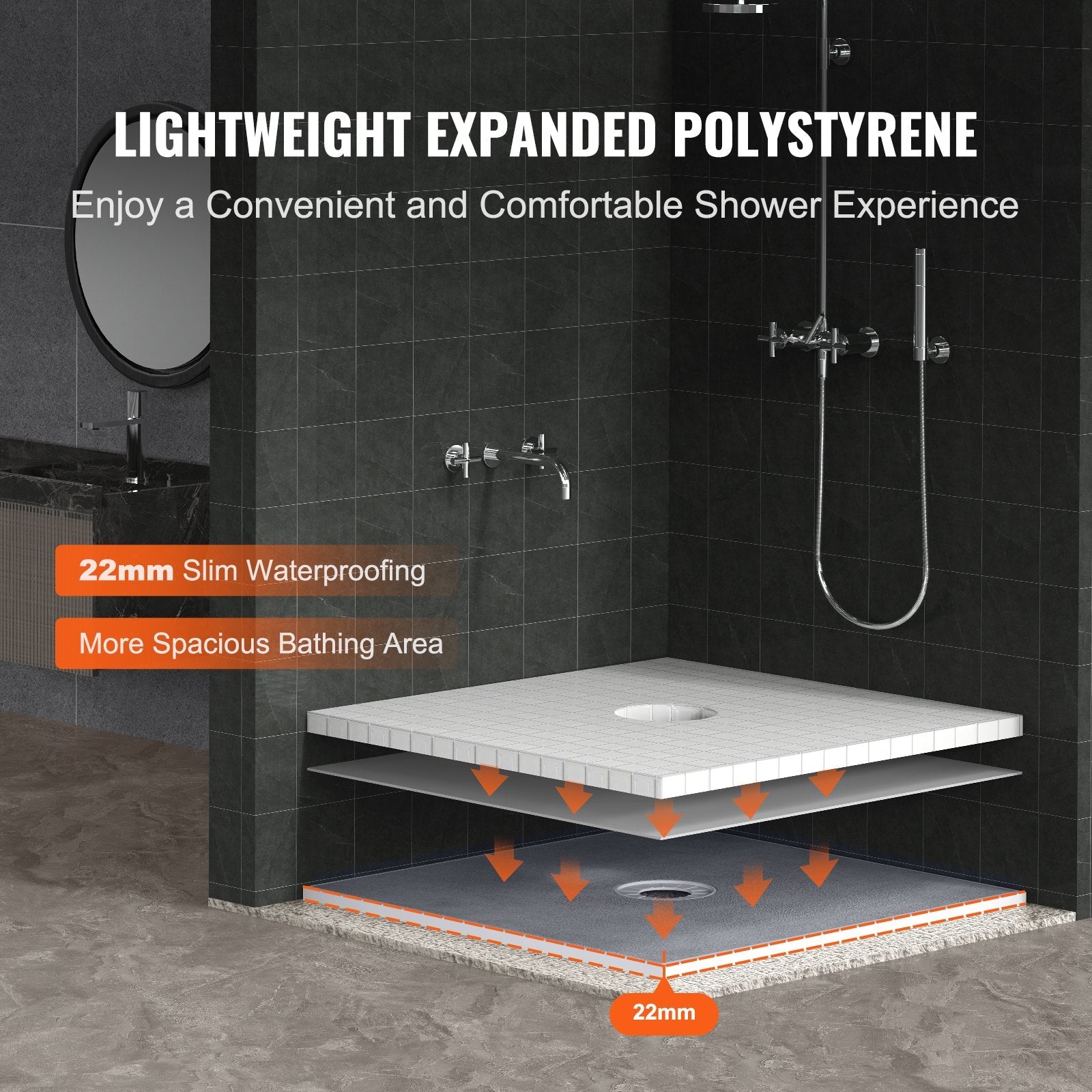 VEVOR Shower Curb Kit, 36"x36" Shower Pan Kit with 6.3" Central Drain, Lightweight EPS Shower Installation Kits with 2 Waterproof Cloths, Shower Pan Slope Sticks Fit for Bathroom 