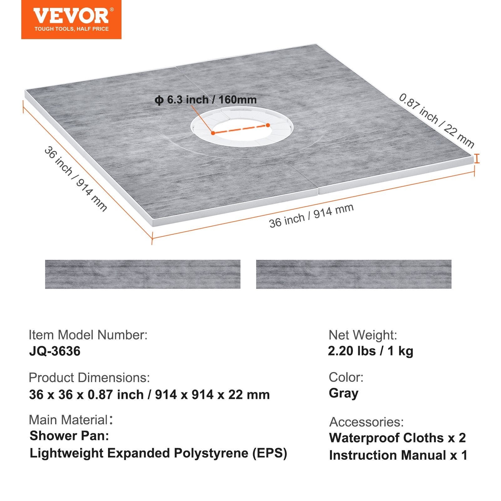 VEVOR Shower Curb Kit, 36"x36" Shower Pan Kit with 6.3" Central Drain, Lightweight EPS Shower Installation Kits with 2 Waterproof Cloths, Shower Pan Slope Sticks Fit for Bathroom 