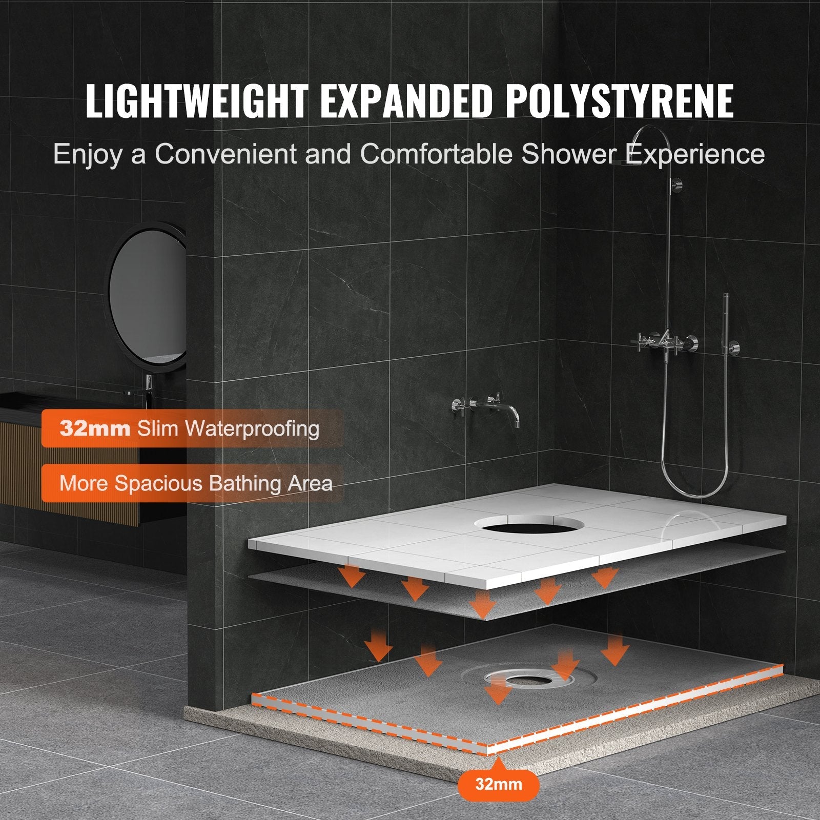 VEVOR Shower Curb Kit, 48"x72" Shower Pan Kit with 6.3" Central Drain, Lightweight EPS Shower Installation Kits with 2 Waterproof Cloths, Shower Pan Slope Sticks Fit for Bathroom 