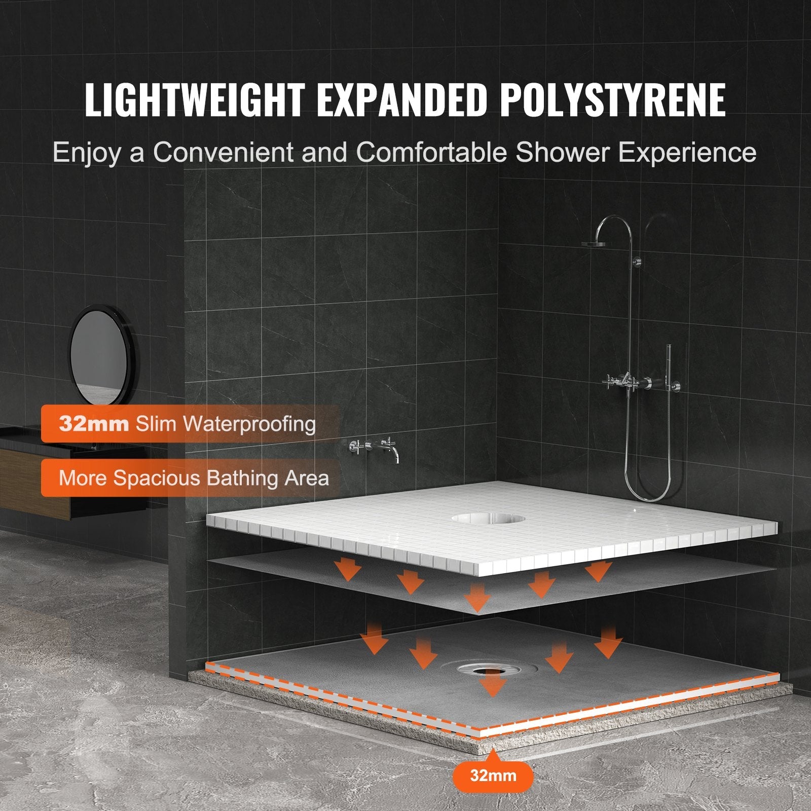 VEVOR Shower Curb Kit, 72"x72" Shower Pan Kit with 6.3" Central Drain, Lightweight EPS Shower Installation Kits with 2 Waterproof Cloths, Shower Pan Slope Sticks Fit for Bathroom 