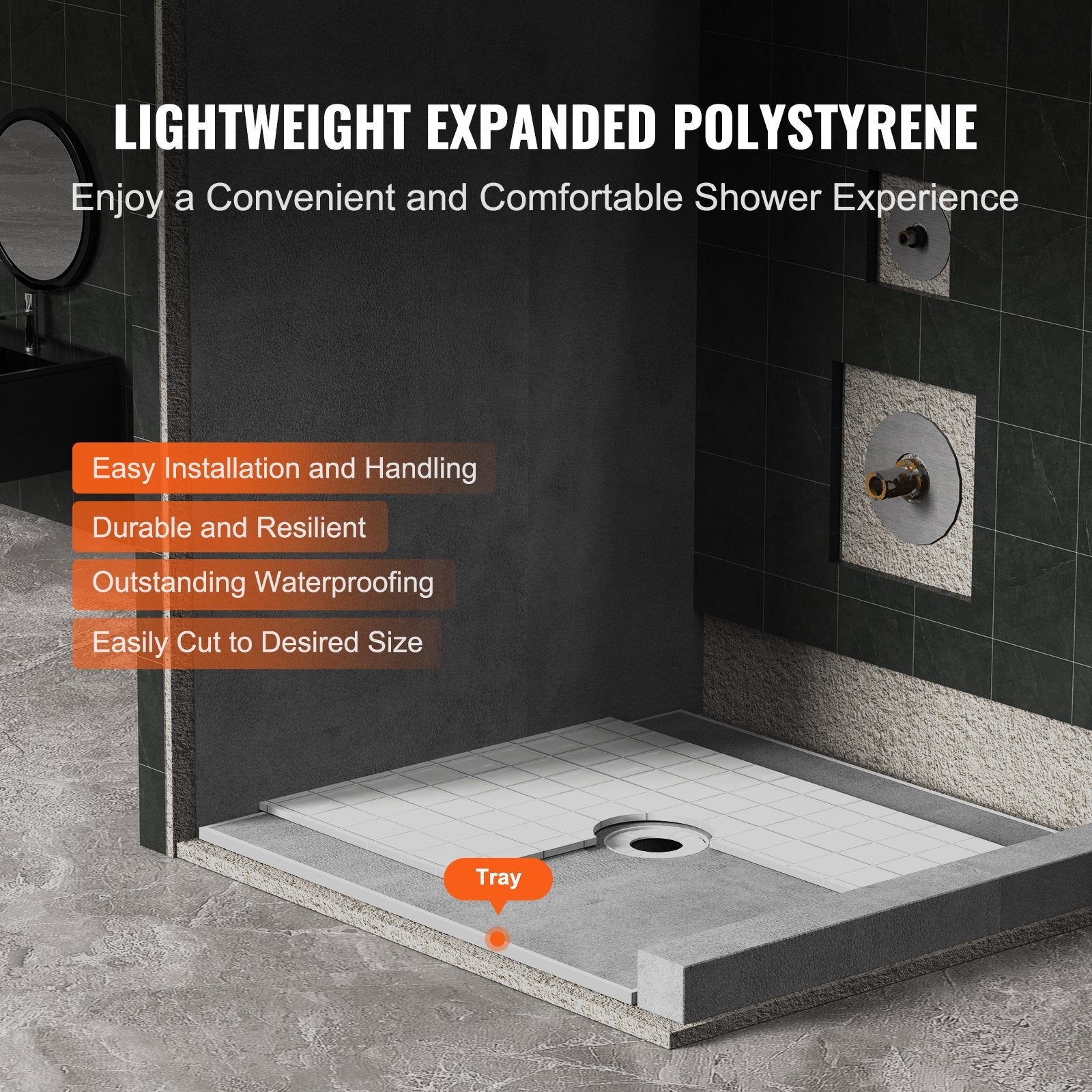 VEVOR Shower Curb Kit, 72"x72" Shower Pan Kit with 6.3" Central Drain, Lightweight EPS Shower Installation Kits with 2 Waterproof Cloths, Shower Pan Slope Sticks Fit for Bathroom 