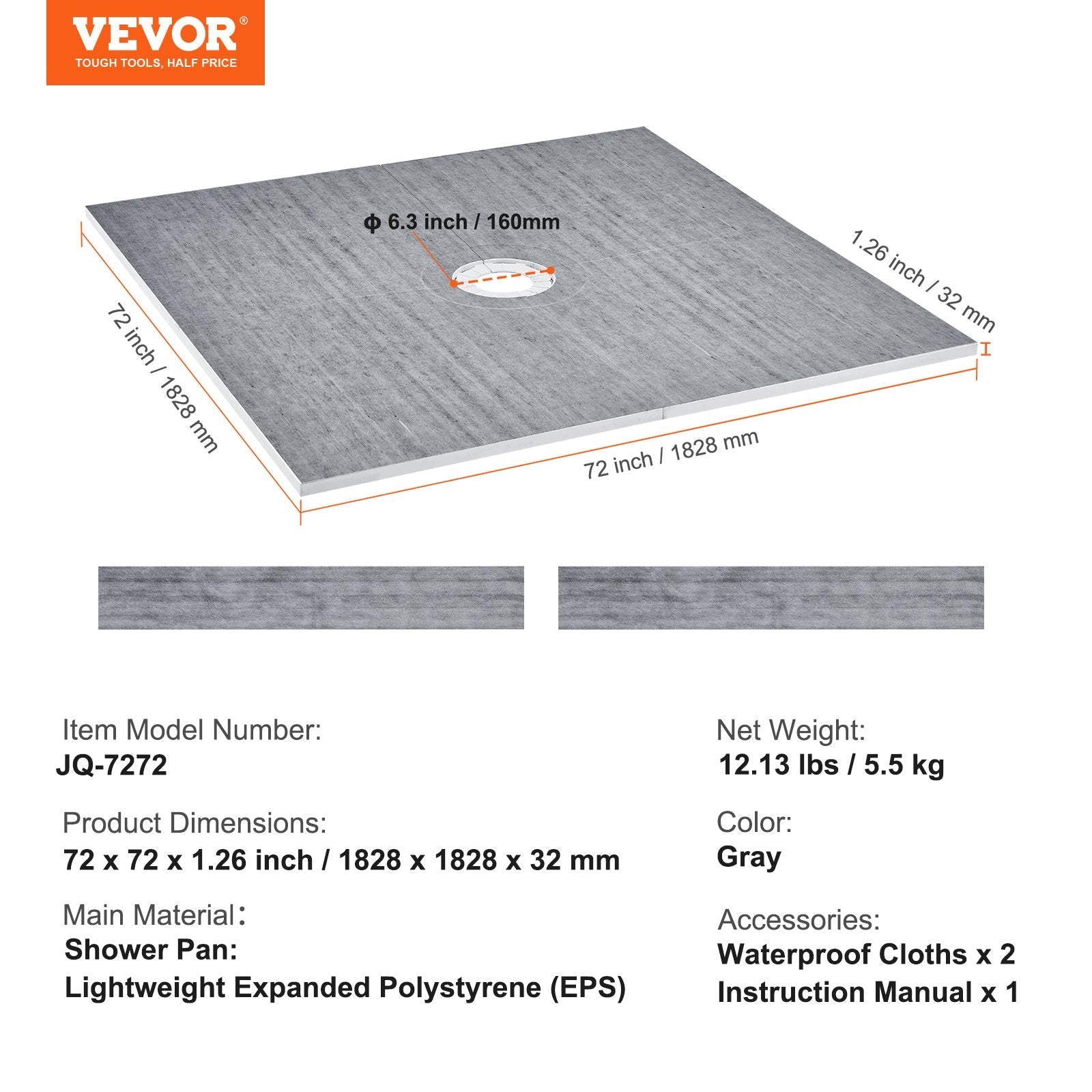 VEVOR Shower Curb Kit, 72"x72" Shower Pan Kit with 6.3" Central Drain, Lightweight EPS Shower Installation Kits with 2 Waterproof Cloths, Shower Pan Slope Sticks Fit for Bathroom 