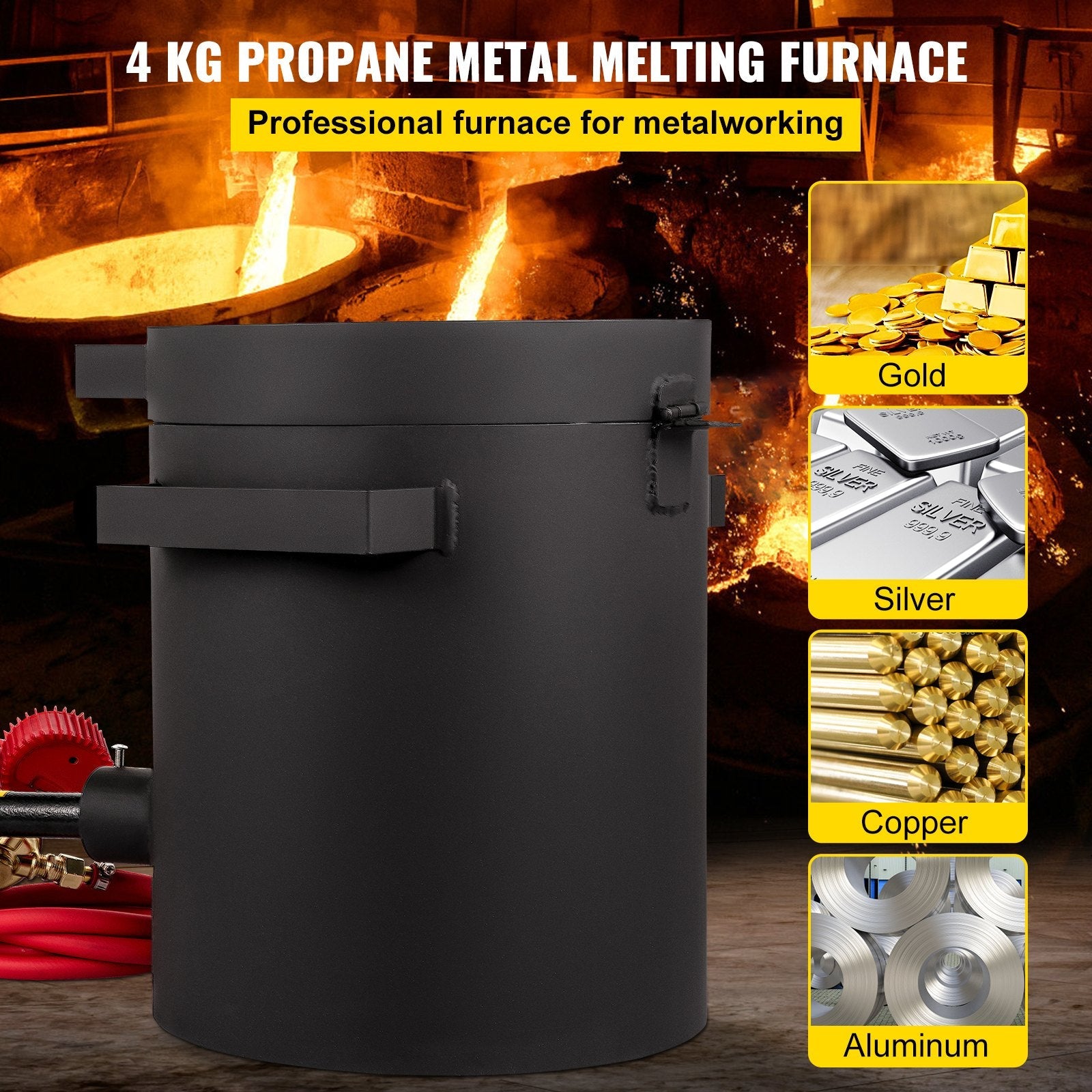 VEVOR Propane Melting Furnace, 2462°F, 4 KG Metal Foundry Furnace Kit with Graphite Crucible and Tongs, Casting Melting Smelting Refining Precious Metals Like Gold Silver Aluminum Copper Brass Bronze 