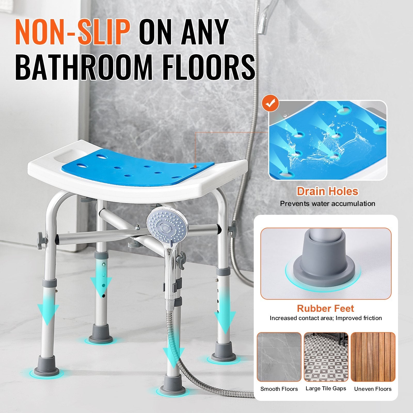 VEVOR Shower Chair, Adjustable Height Shower Stool with Crossbar Support, Shower Seat for Inside Shower or Tub, Non-Slip Bench Bathtub Stool Seat for Elderly Disabled Handicap, 500 lbs Capacity 