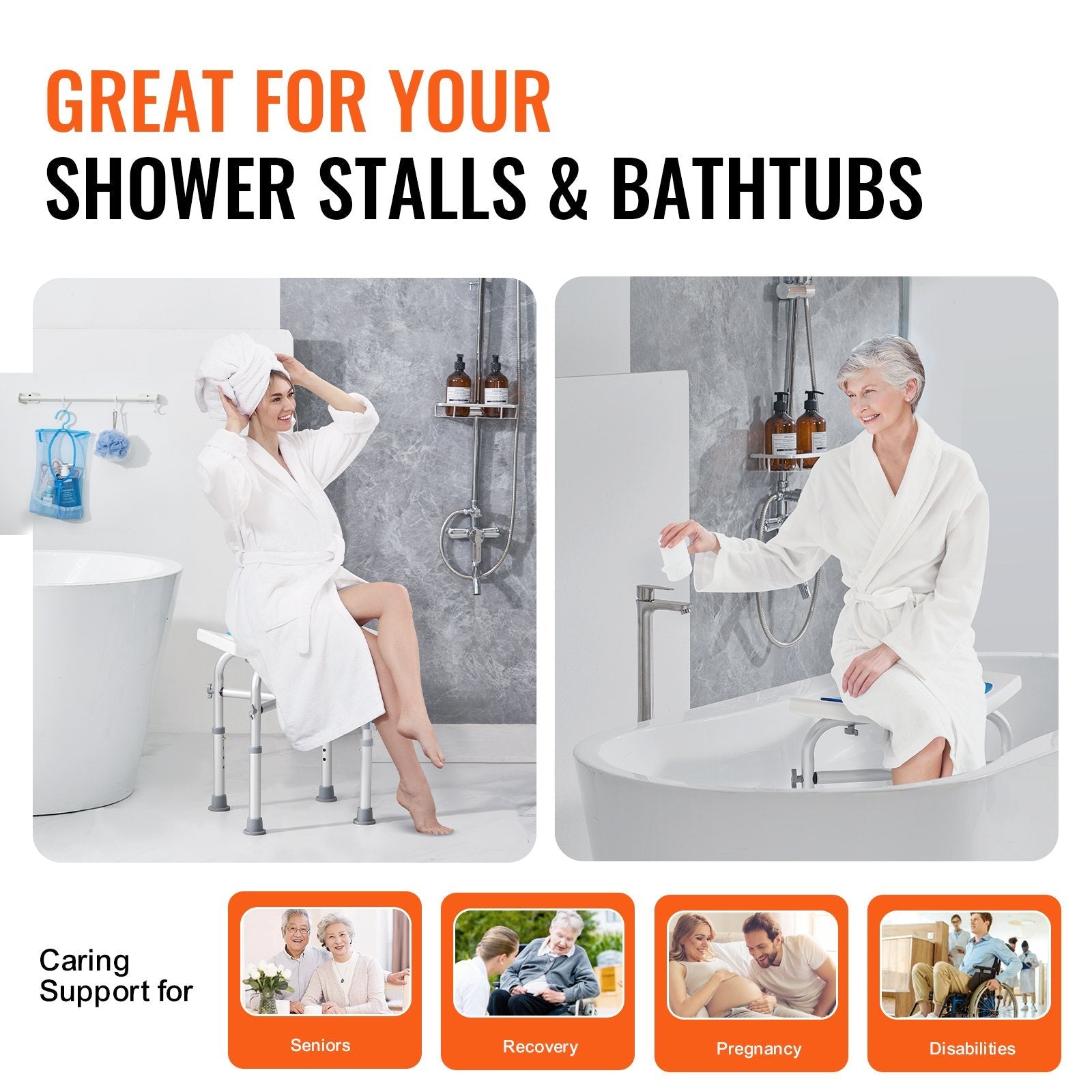 VEVOR Shower Chair, Adjustable Height Shower Stool with Crossbar Support, Shower Seat for Inside Shower or Tub, Non-Slip Bench Bathtub Stool Seat for Elderly Disabled Handicap, 500 lbs Capacity 