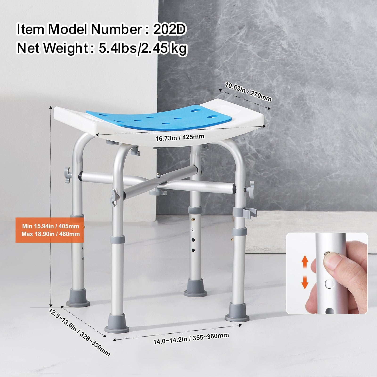 VEVOR Shower Chair, Adjustable Height Shower Stool with Crossbar Support, Shower Seat for Inside Shower or Tub, Non-Slip Bench Bathtub Stool Seat for Elderly Disabled Handicap, 500 lbs Capacity 
