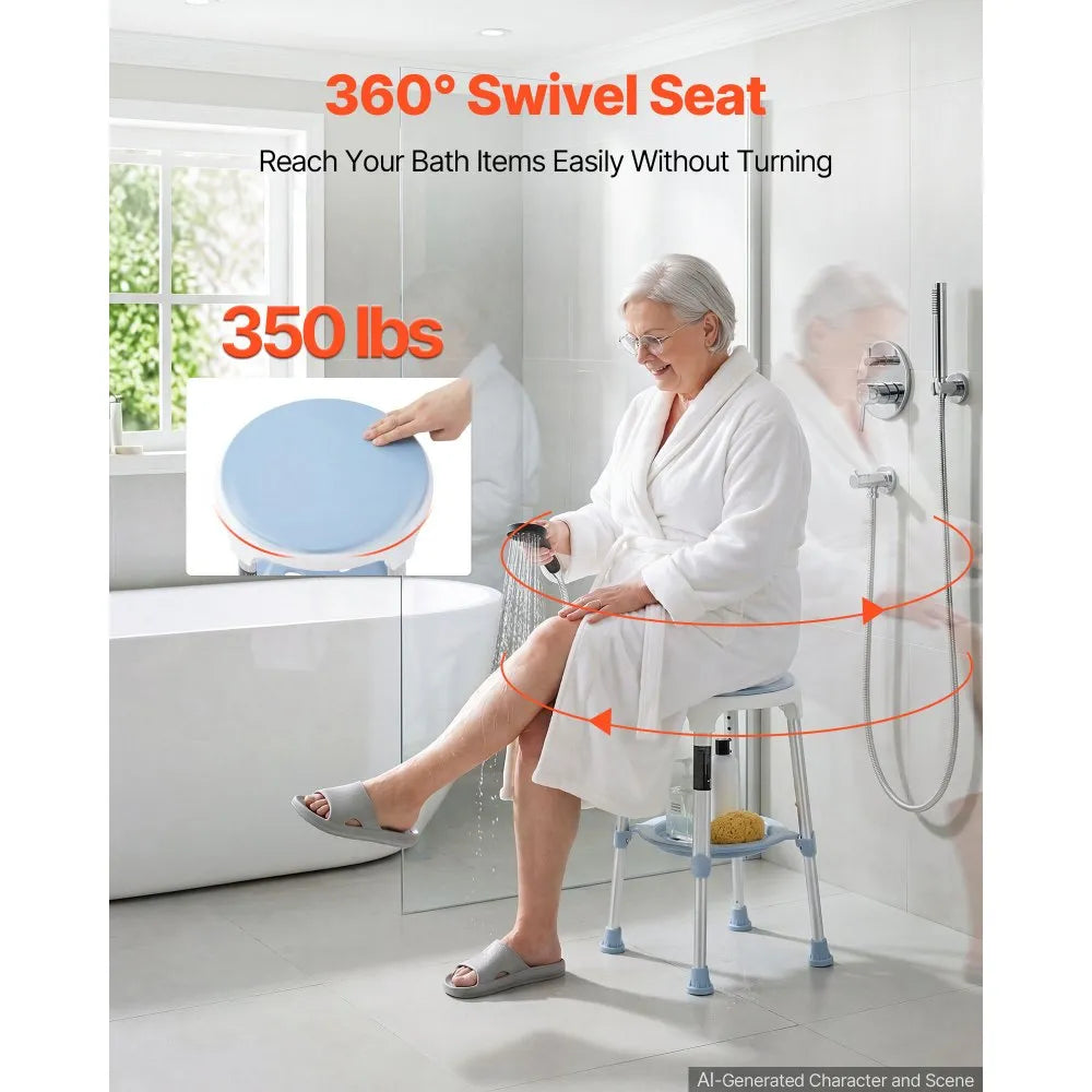 Swivel Shower Chair with 360° Rotating Seat | Height Adjustable Bath Stool with Storage Tray, 350 lb Capacity