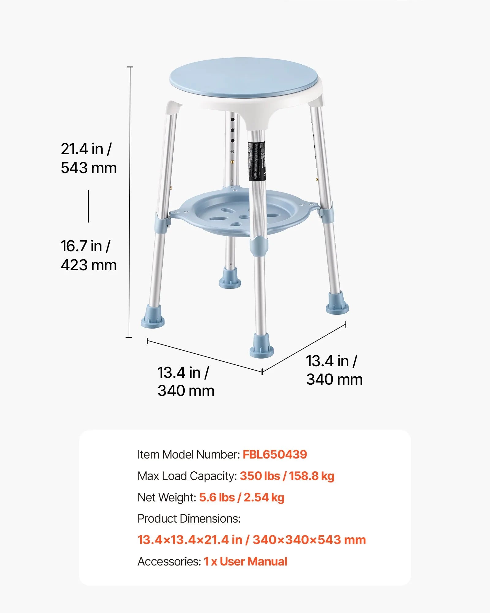 Swivel Shower Chair with 360° Rotating Seat | Height Adjustable Bath Stool with Storage Tray, 350 lb Capacity