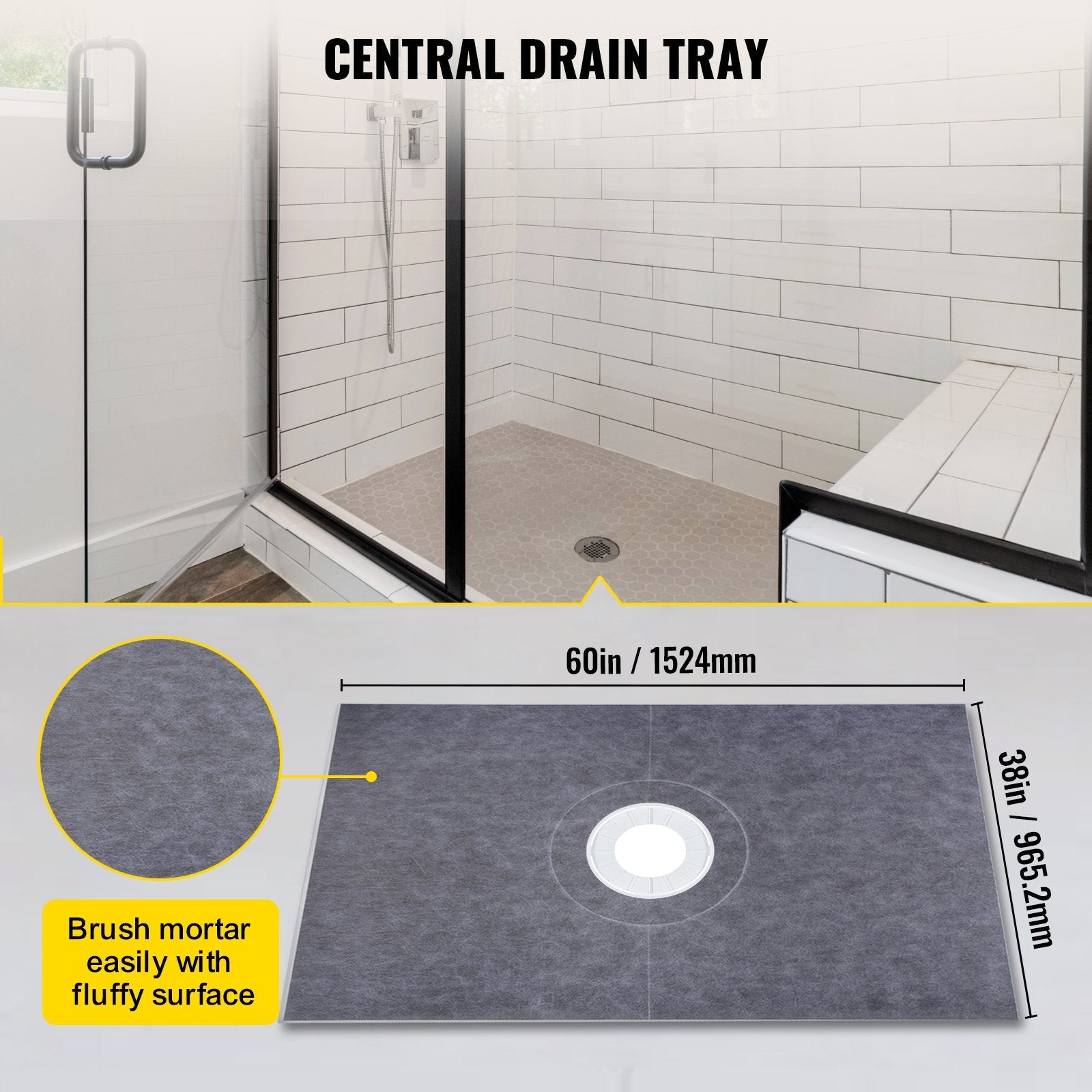 Vevor 38''x60'' Shower Kit With Shower Tray & Curb With Central Drain Kit Abs 