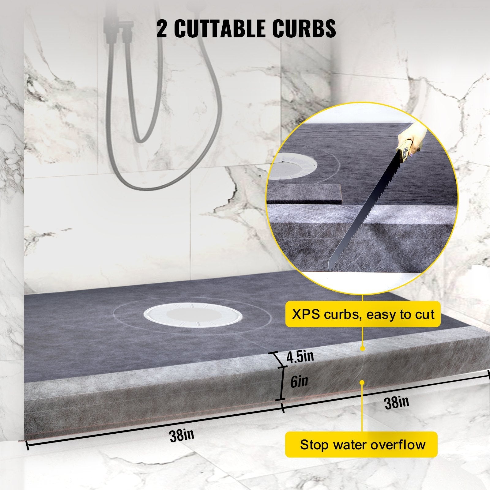 Vevor 38''x60'' Shower Kit With Shower Tray & Curb With Central Drain Kit Abs 