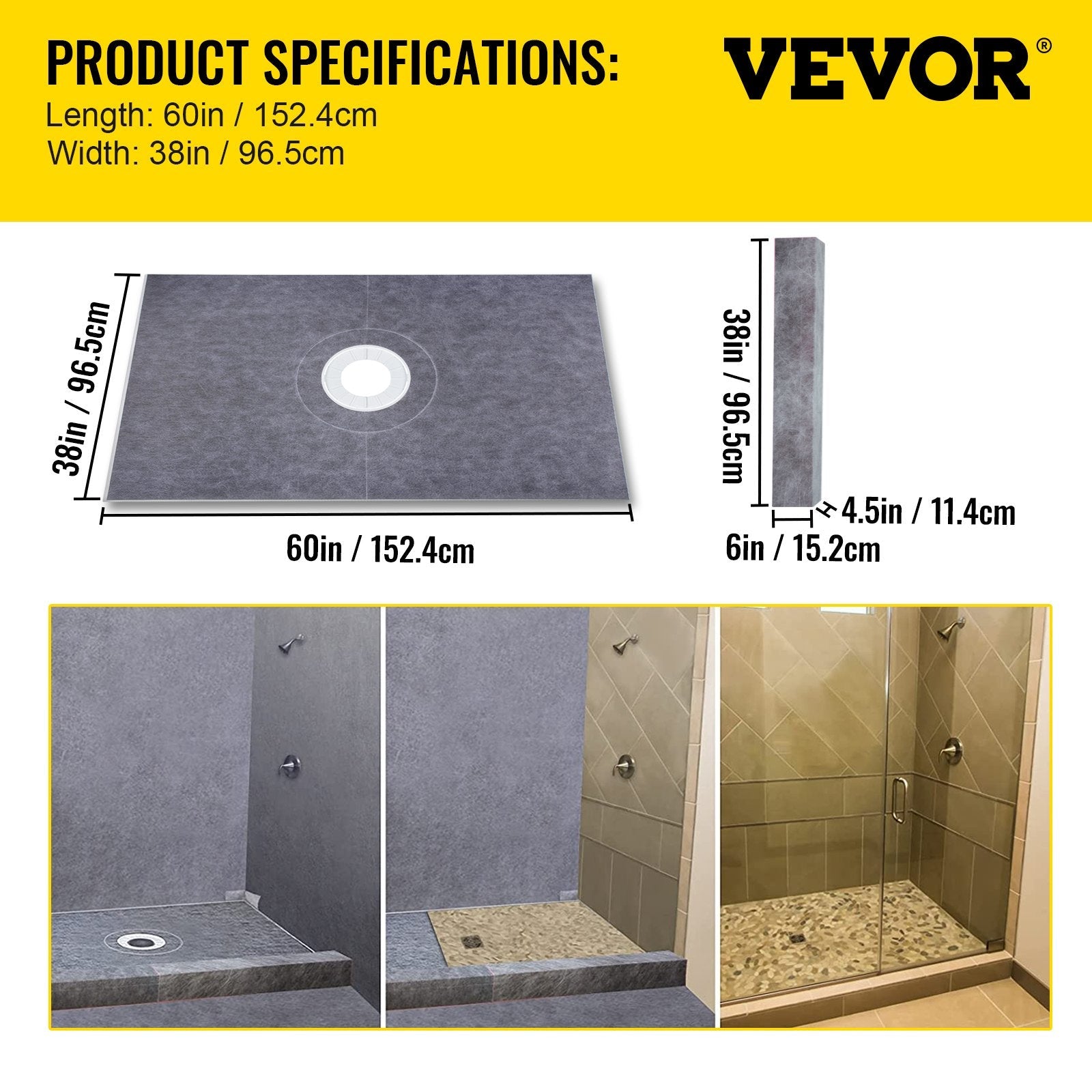 Vevor 38''x60'' Shower Kit With Shower Tray & Curb With Central Drain Kit Abs 