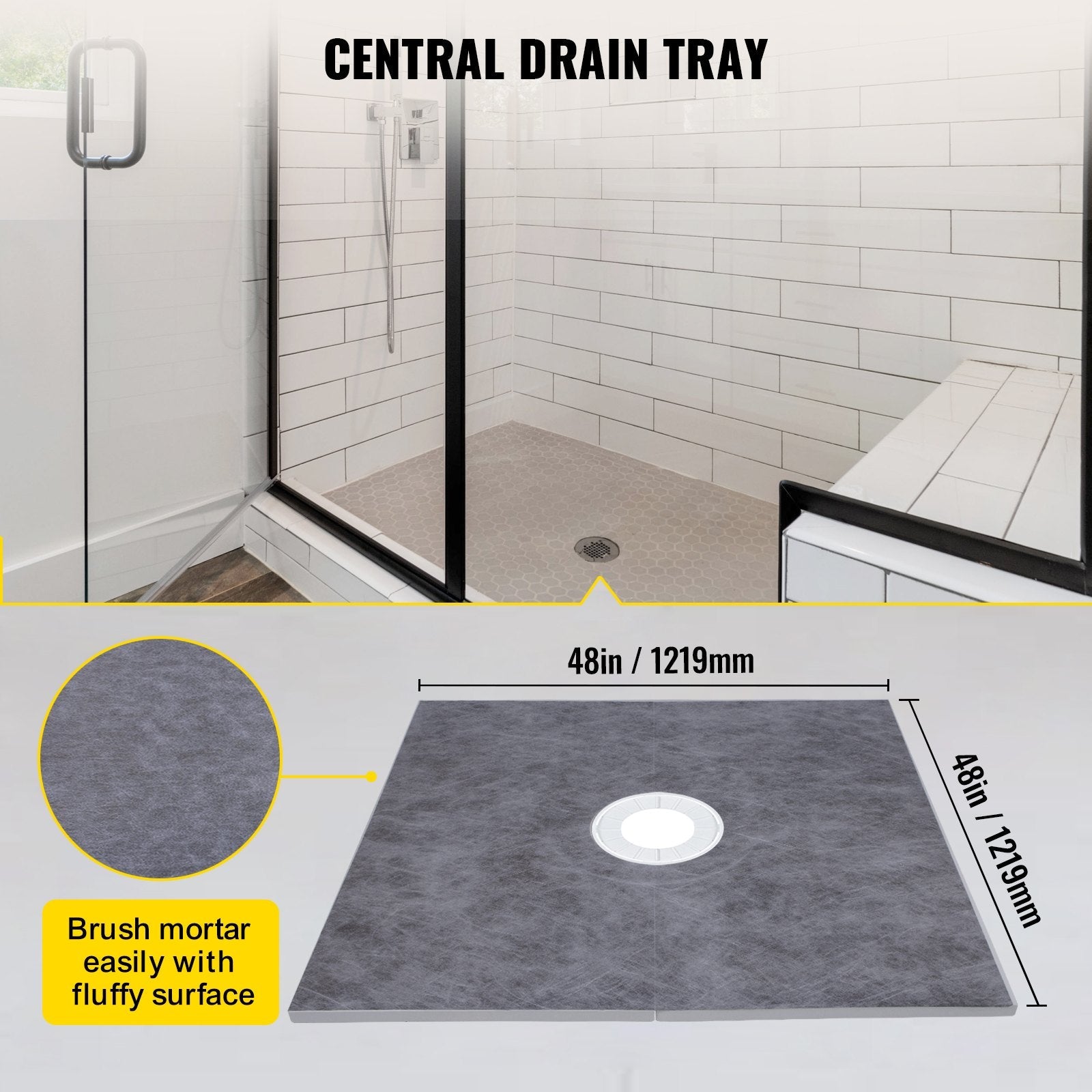 VEVOR 48''x48'' Waterproofing Shower Kit Shower Kit Tray with Central Drain ABS 