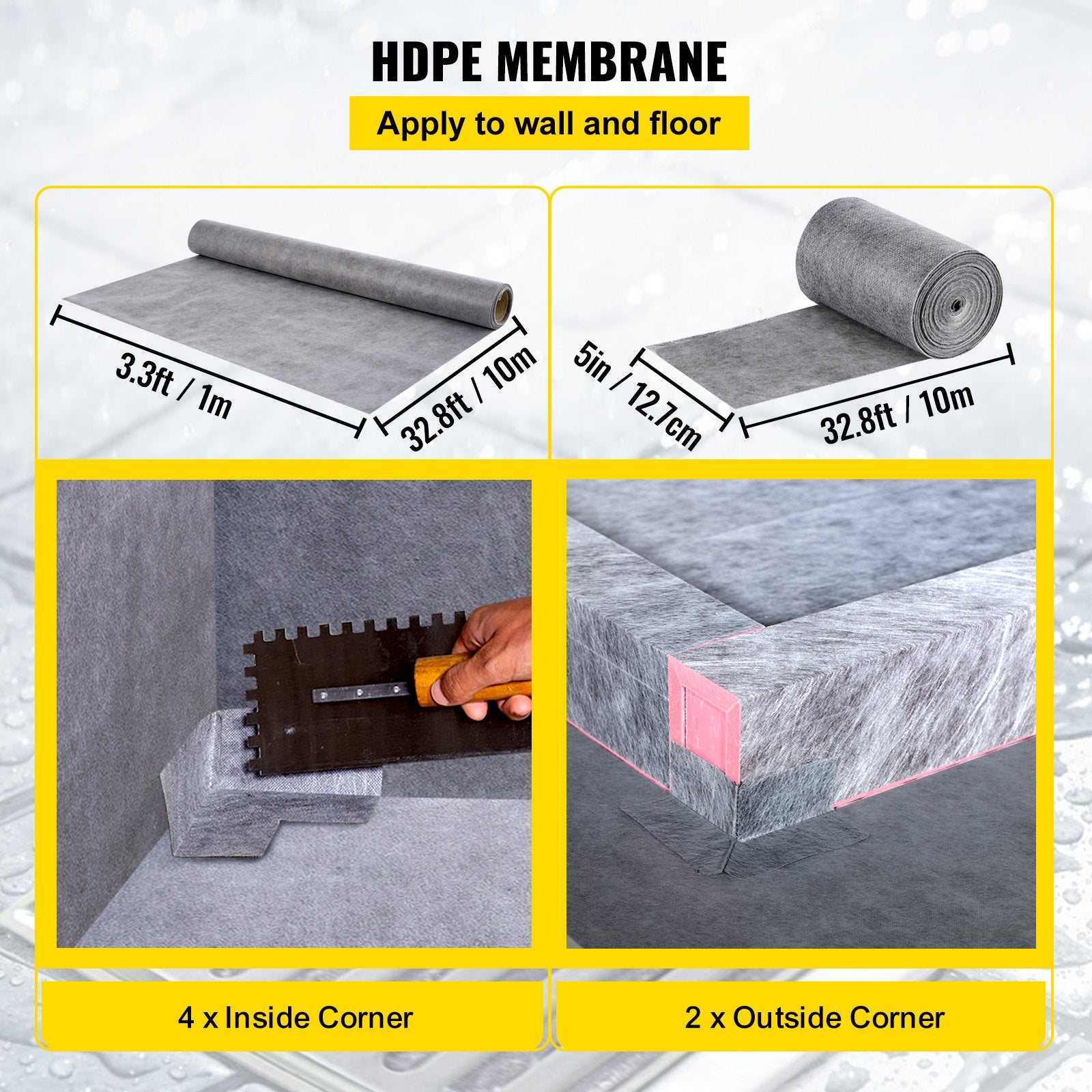 VEVOR Shower Curb Kit, 48\"x72\" Watertight Shower Curb Overlay with 4\" ABS Central Bonding Flange, 4\" Stainless Steel Grate, 2 Cuttable Shower Curb and Trowel, Shower Pan Slope Sticks Fit for Bathr 