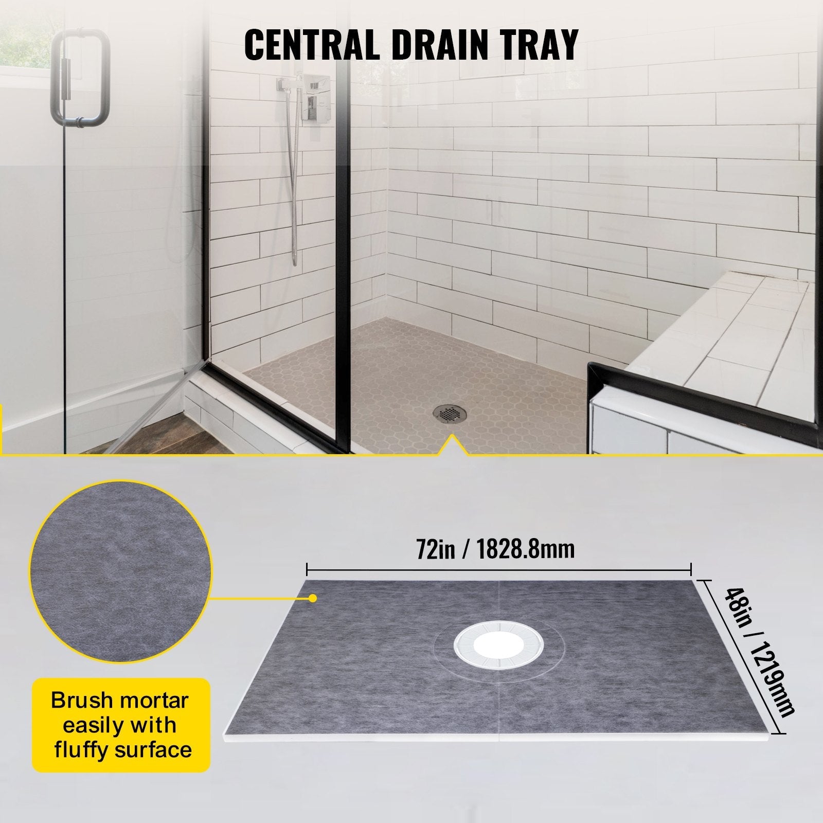 Vevor 48''x72'' Shower Kit With Shower Tray & Curb With Central Drain Kit Pvc 