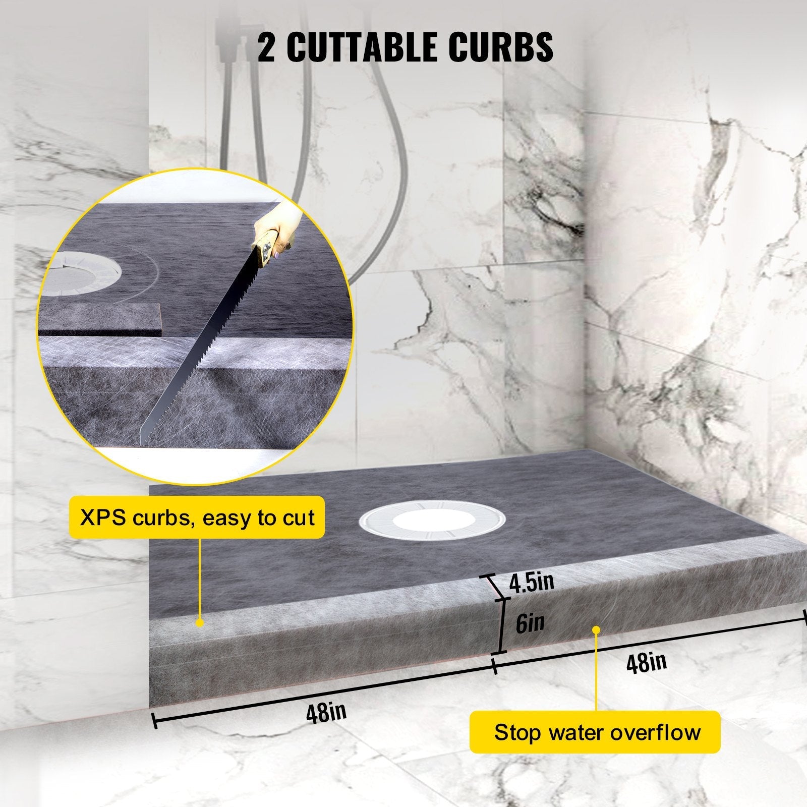 Vevor 48''x72'' Shower Kit With Shower Tray & Curb With Central Drain Kit Pvc 
