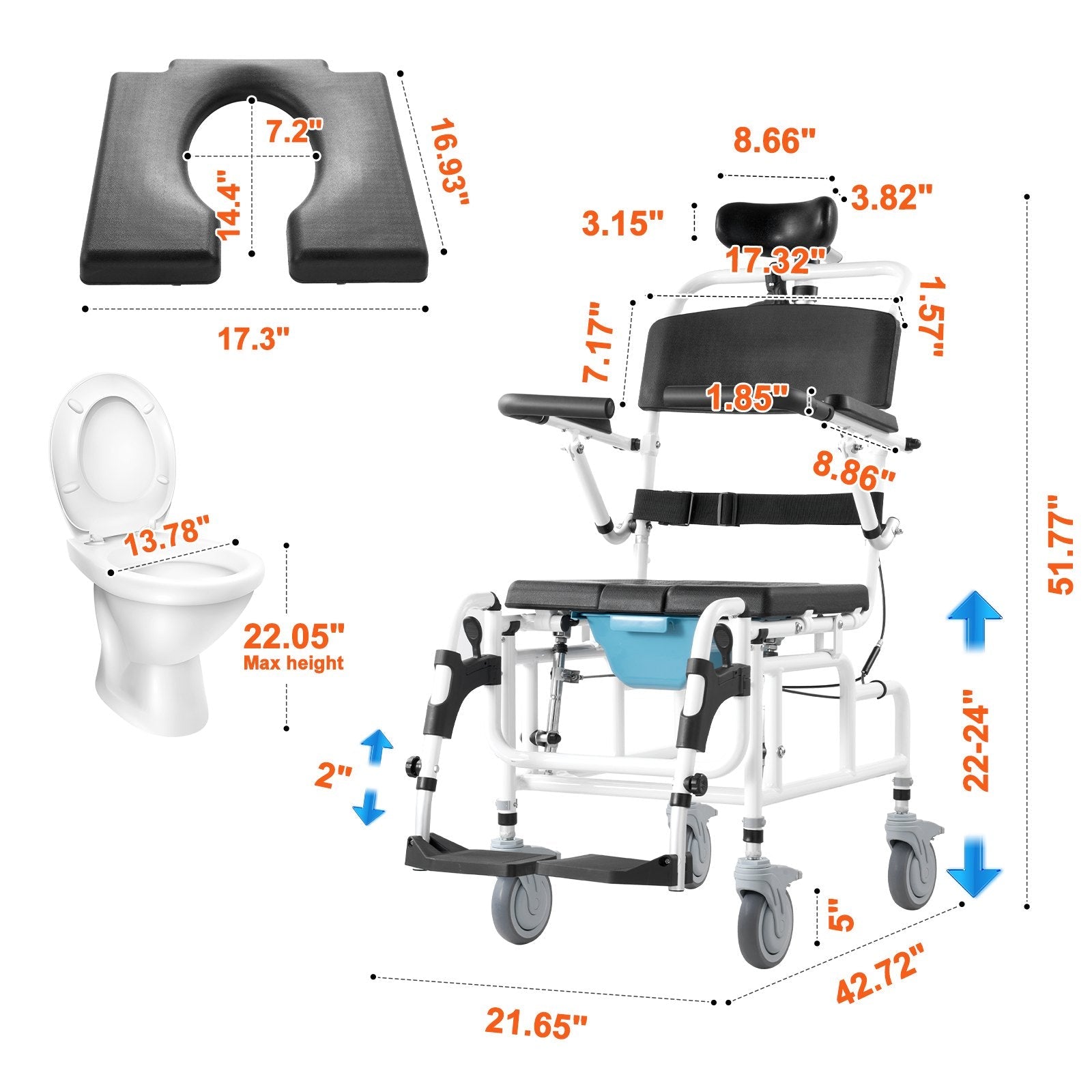 VEVOR Shower Wheelchair 17.5in Al Alloy Bathroom Wheelchair for Disabled Adult 