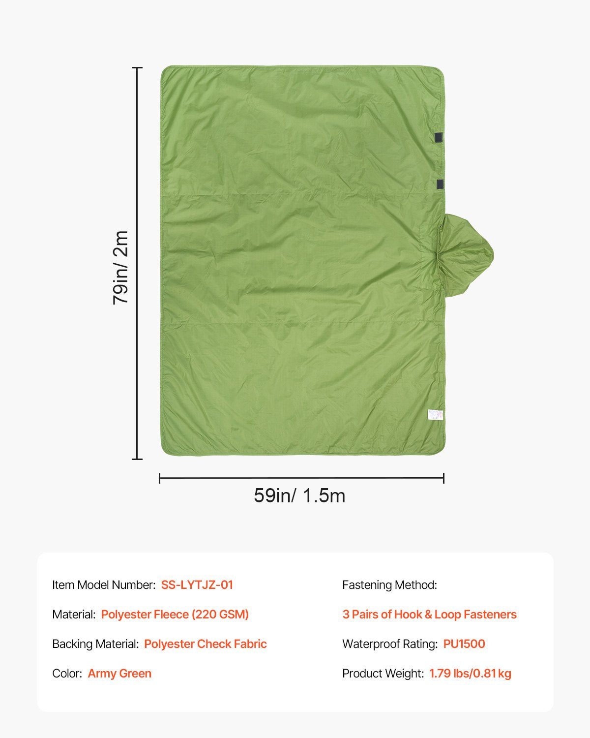 VEVOR Camping Blanket 79" x 59" Wearable Warm Stadium Blanket Outdoor Army Green 