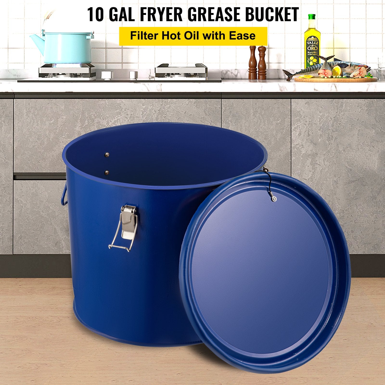 VEVOR Fryer Grease Bucket Oil Disposal Caddy 10 Gal Oil Bucket w/ Lid&Filter Bag 