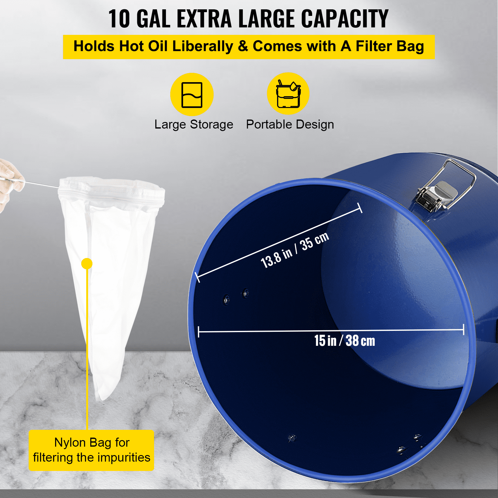 VEVOR Fryer Grease Bucket Oil Disposal Caddy 10 Gal Oil Bucket w/ Lid&Filter Bag 