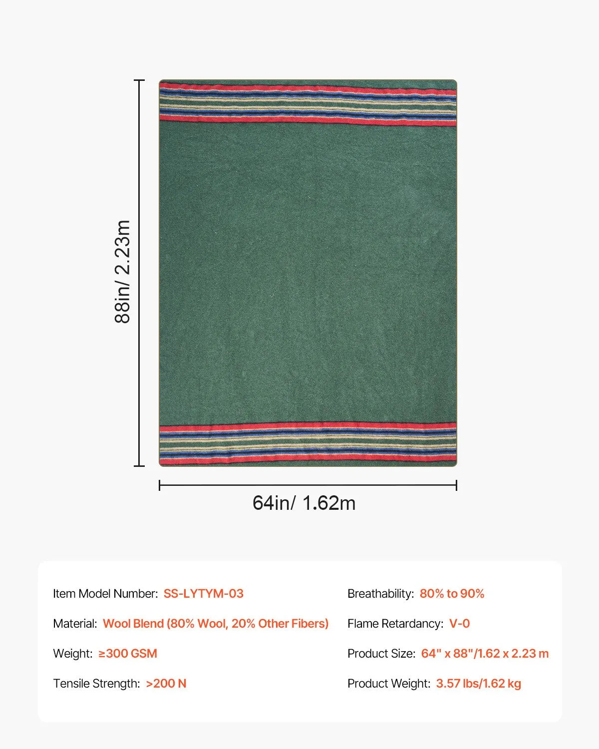 VEVOR Wool Camping Blanket 64" x 88" Warm for Camping Hiking Travel Texture