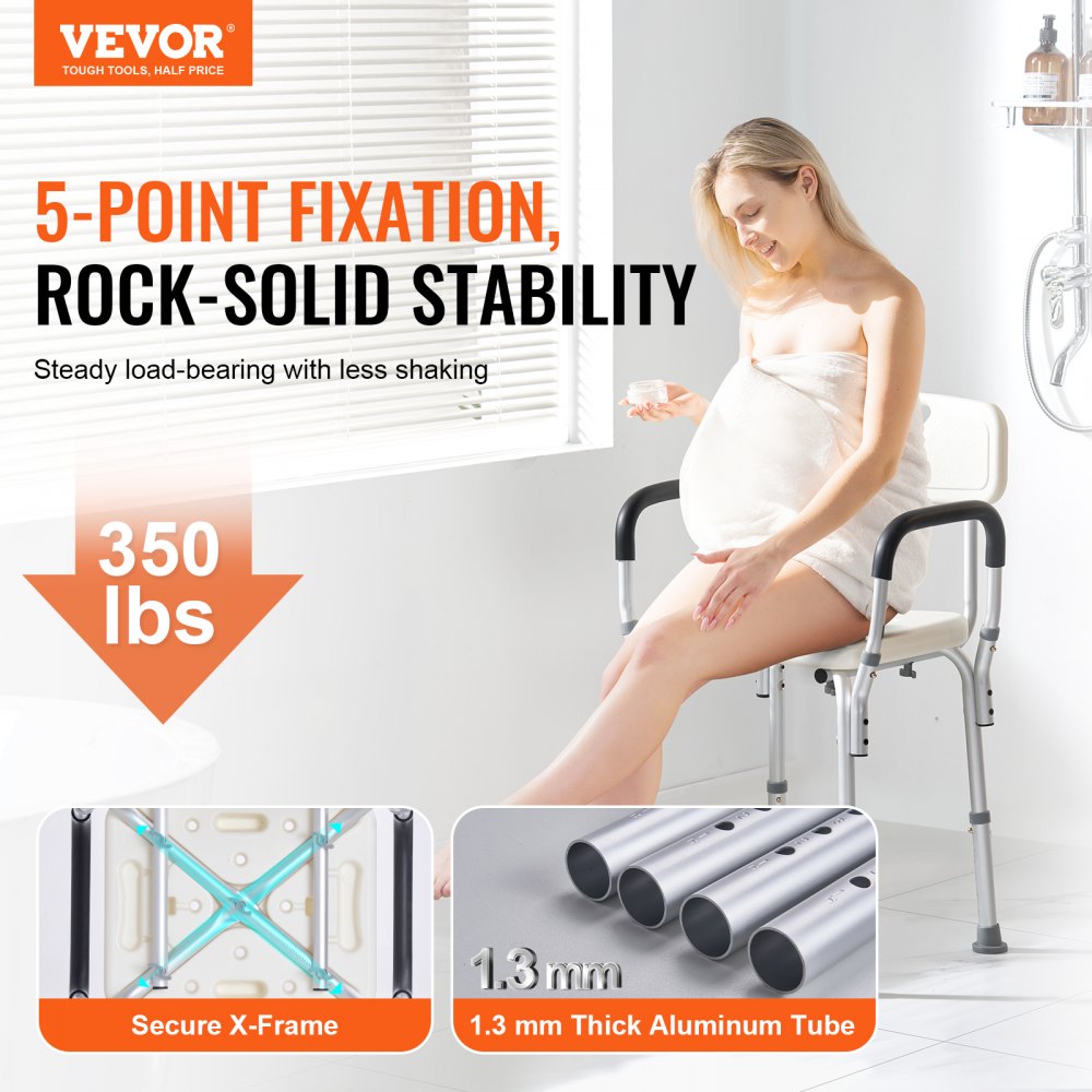 VEVOR Shower Chair, Shower Seat with Back, Adjustable Height Shower Stool, Shower Chair for Inside Shower Bathtub, Non-slip Bathroom Bench Bath Chair for Elderly Disabled Handicap, 350 LBS Capacity 