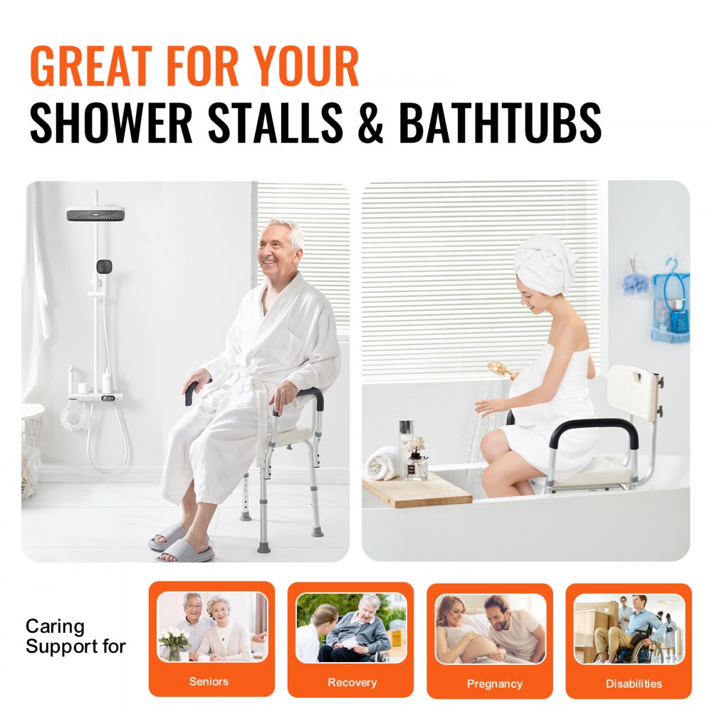 VEVOR Shower Chair, Shower Seat with Back, Adjustable Height Shower Stool, Shower Chair for Inside Shower Bathtub, Non-slip Bathroom Bench Bath Chair for Elderly Disabled Handicap, 350 LBS Capacity 