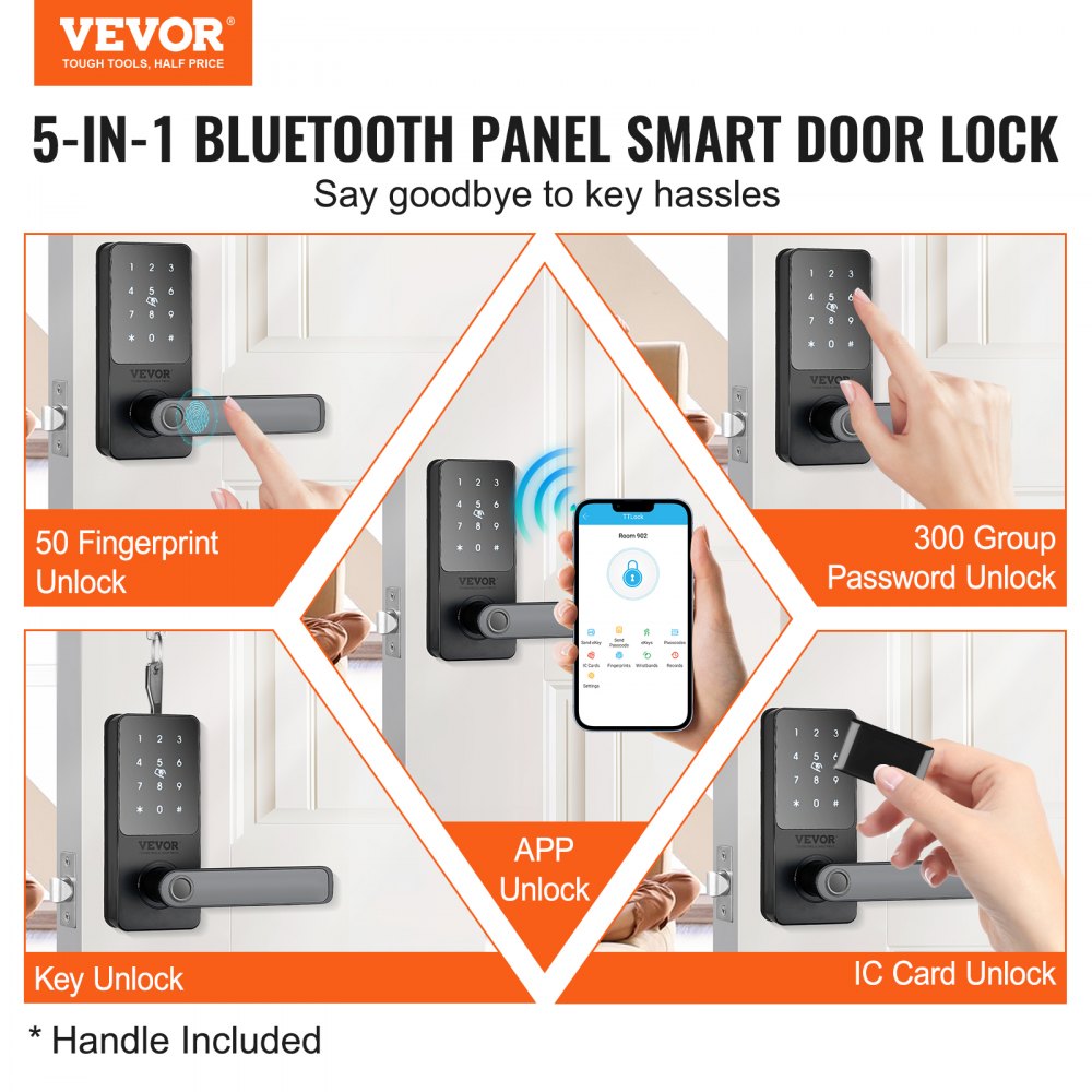 VEVOR Smart Lock, 5-in-1 Smart Door Knob, Fingerprint Deadbolt with App Control, Keyless Entry Door Lock with Handle, Bluetooth Smart Lock, Biometric Door Lock, Keypad Digital Door Lock for Front Door 